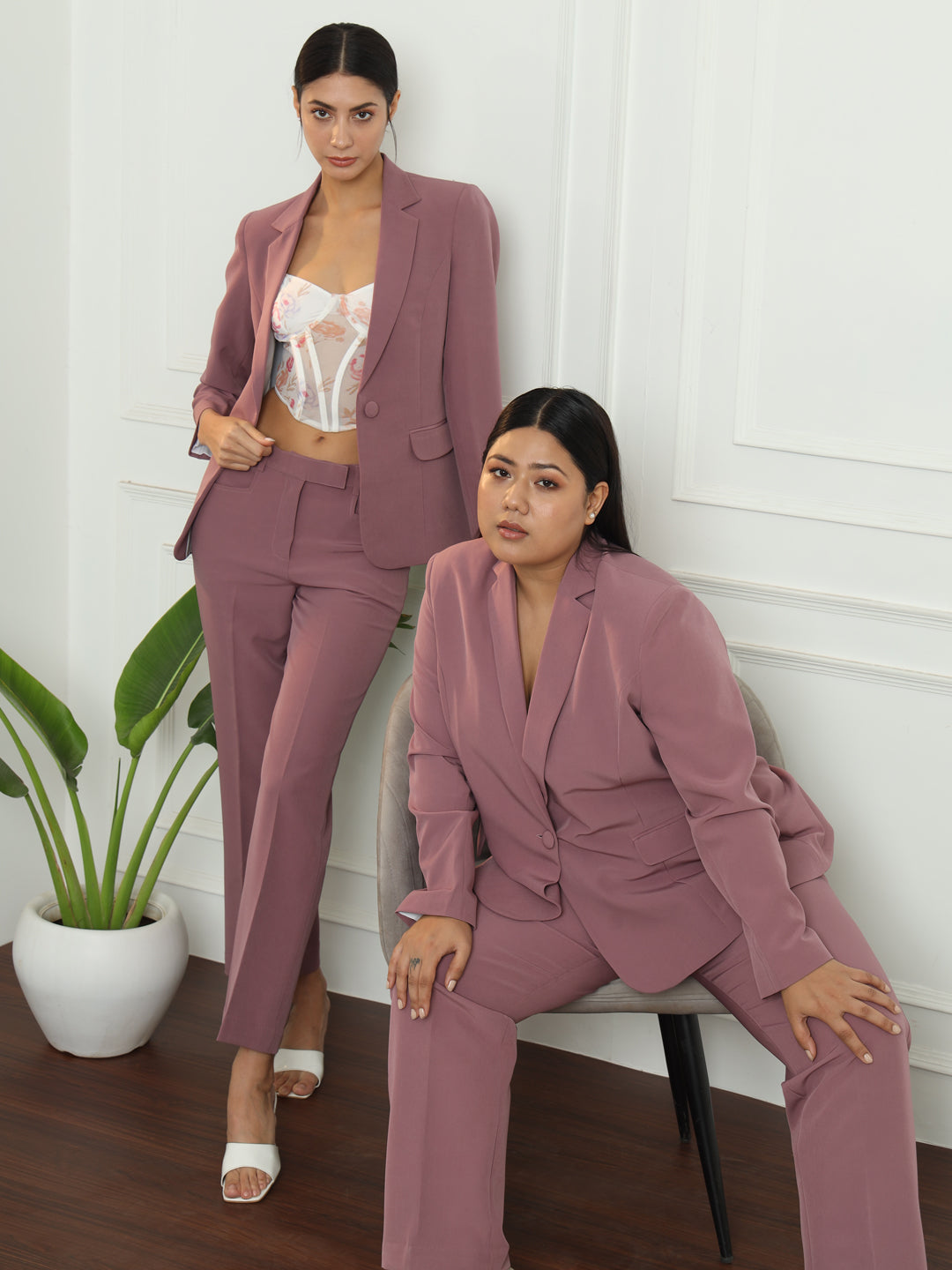Notch Collar Stretch Pant Suit in Dusty Pink on models.