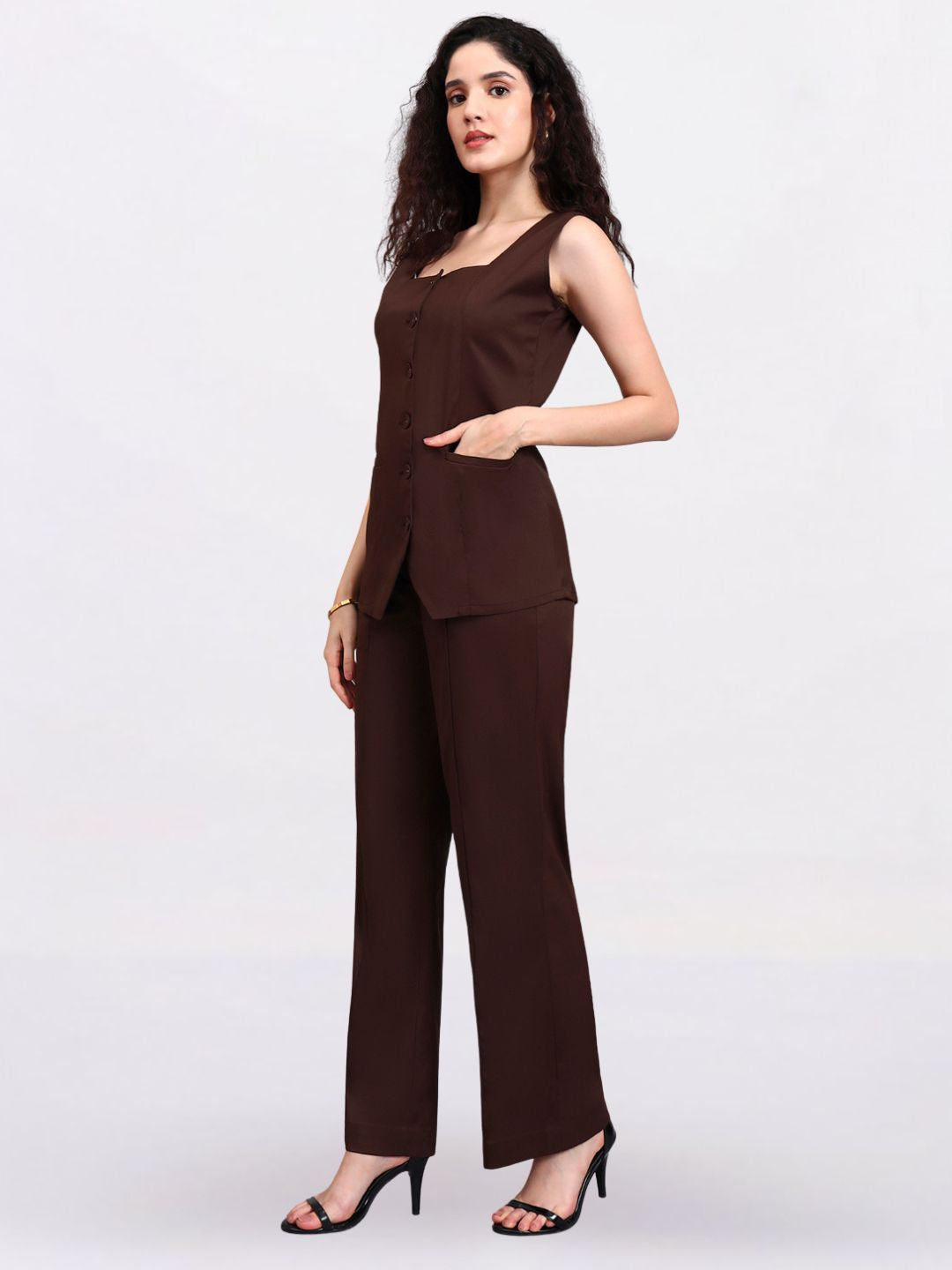 Women Brown Sleeveless Co-Ord Set