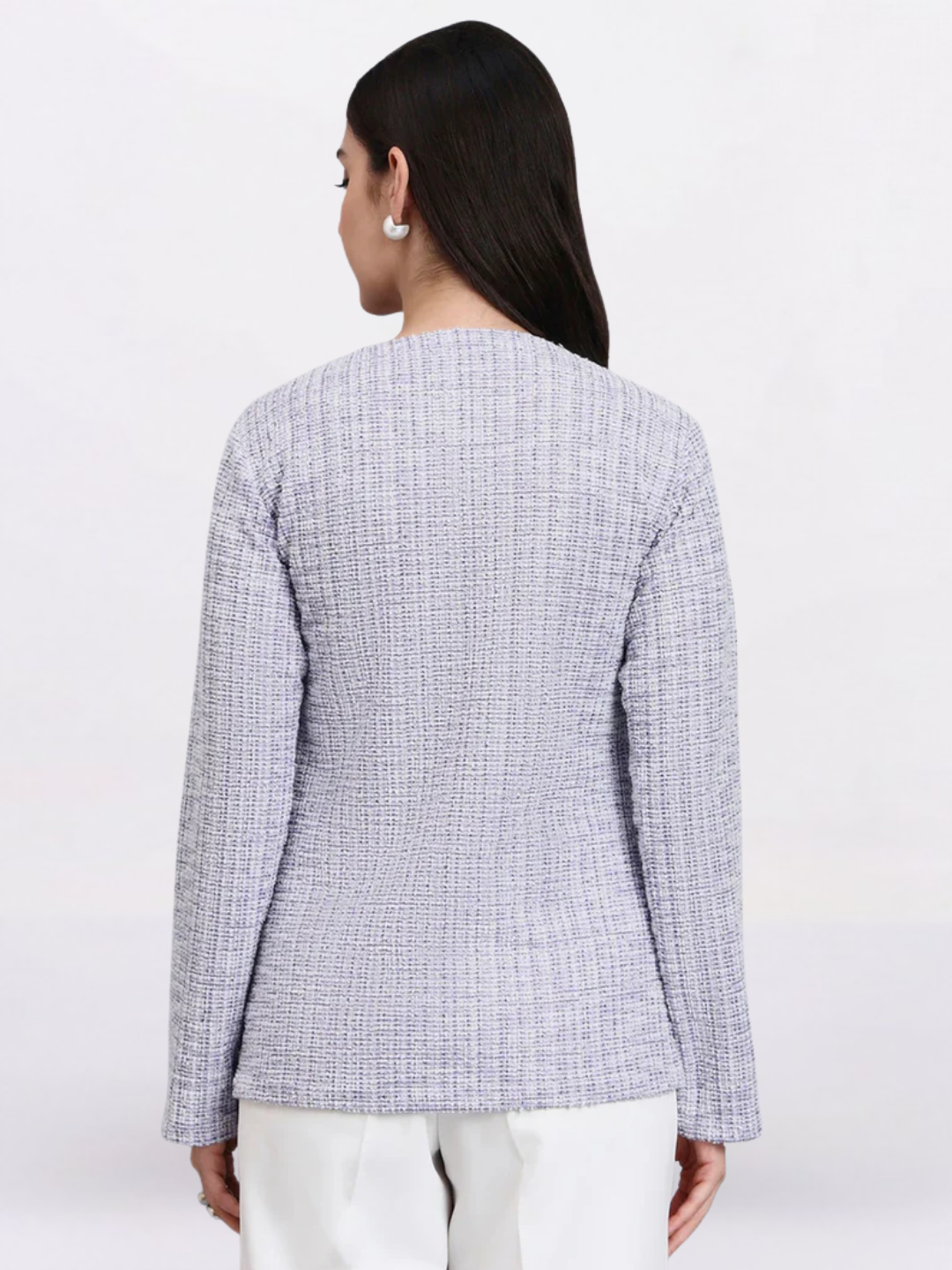 Women Lavender Warm Tweed Stretchable top With White Straight Fit Trousers