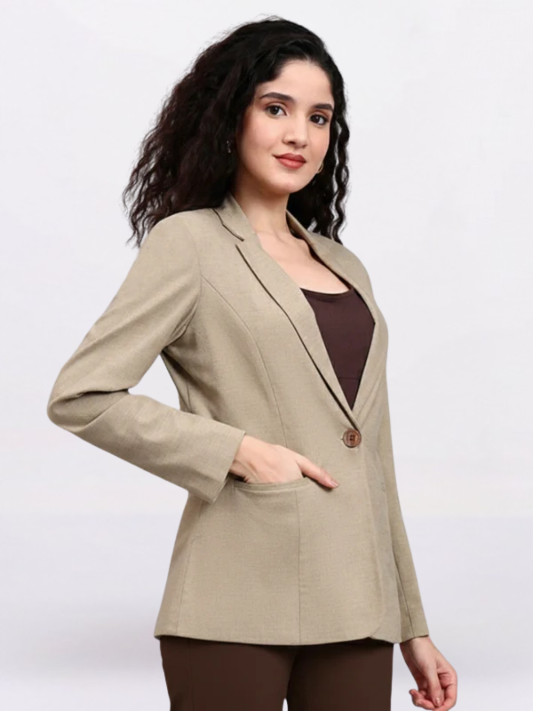 Women Beige Notched Lapel Blazer