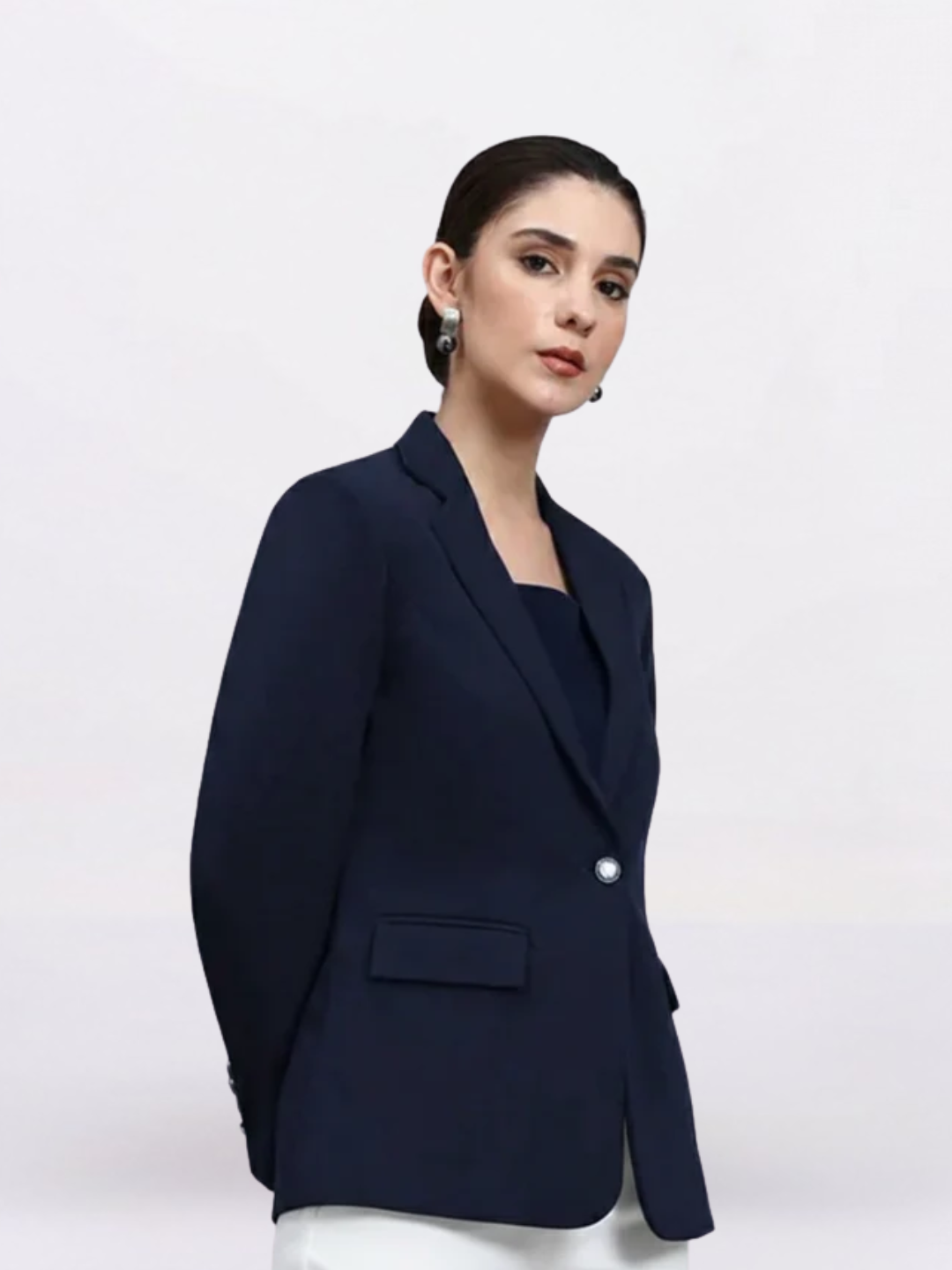 Women Navy Blue Notched Lapel Blazer