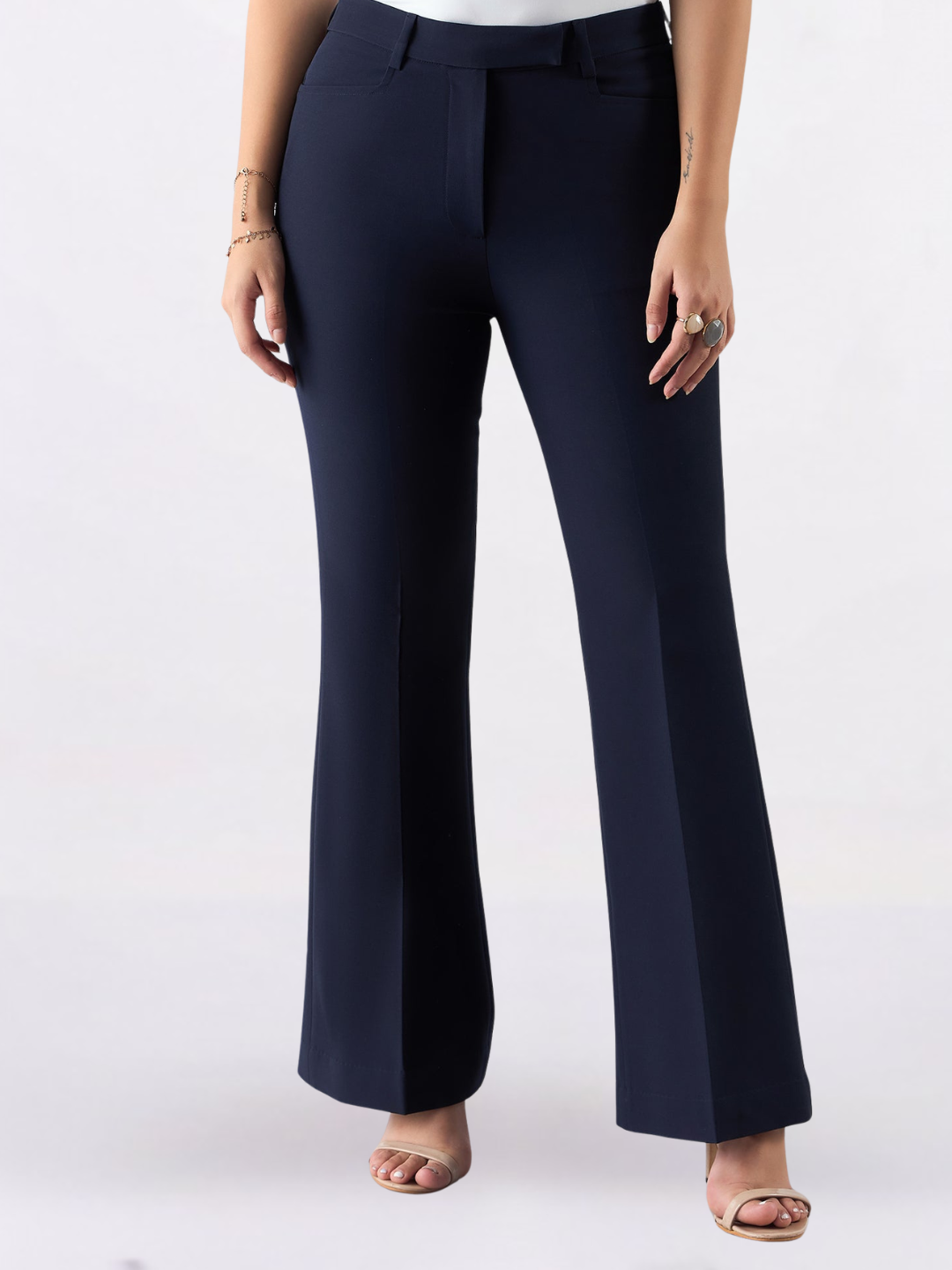 Women Navy Blue Flared High-Rise Trousers