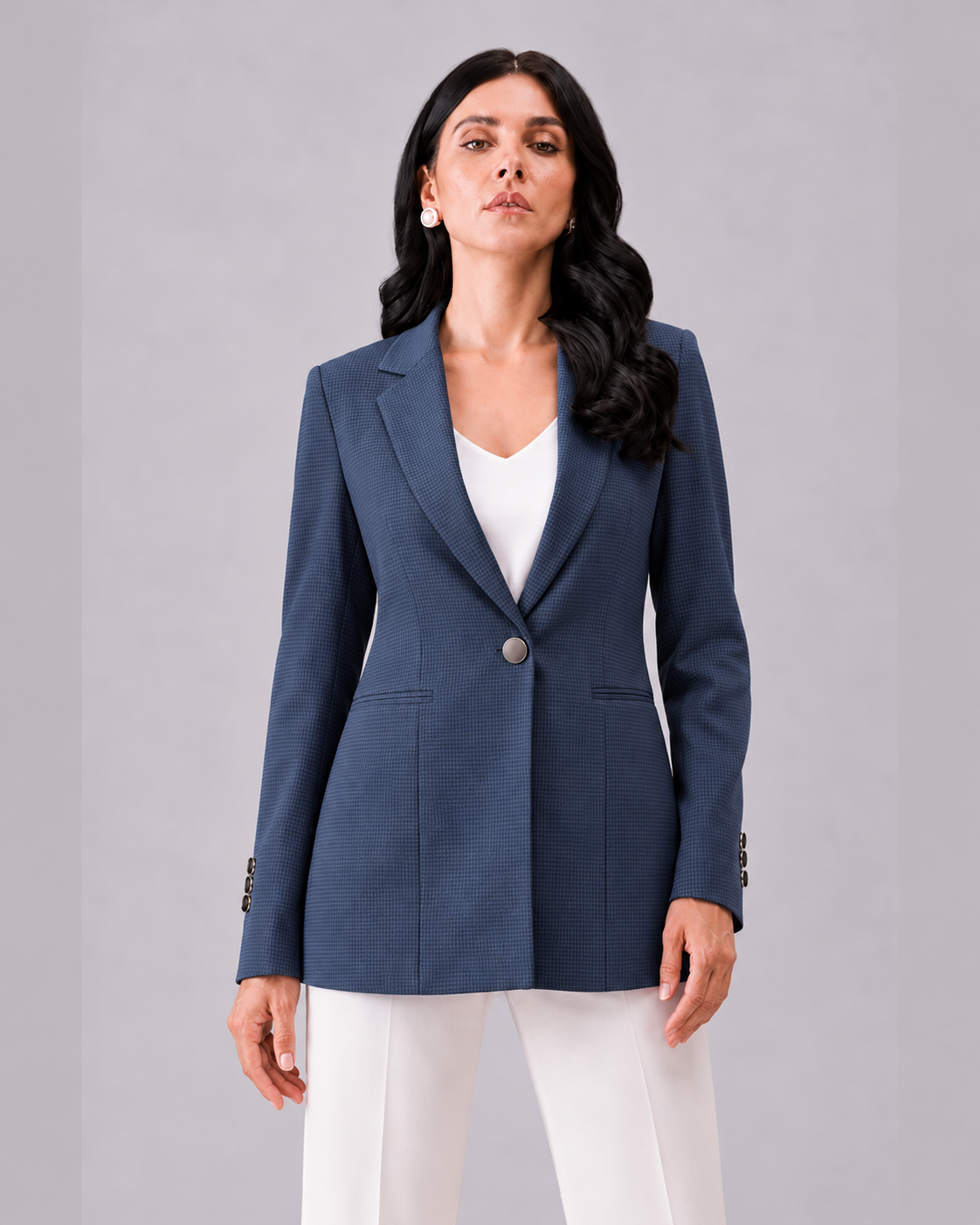 Women Navy Blue Checked Single Breasted Formal Blazer