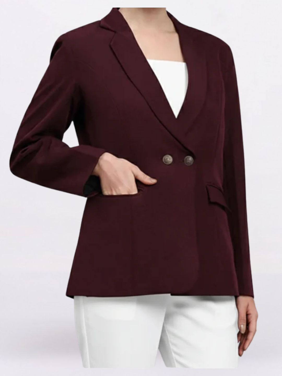 Women Burgundy Notched Lapel Blazer