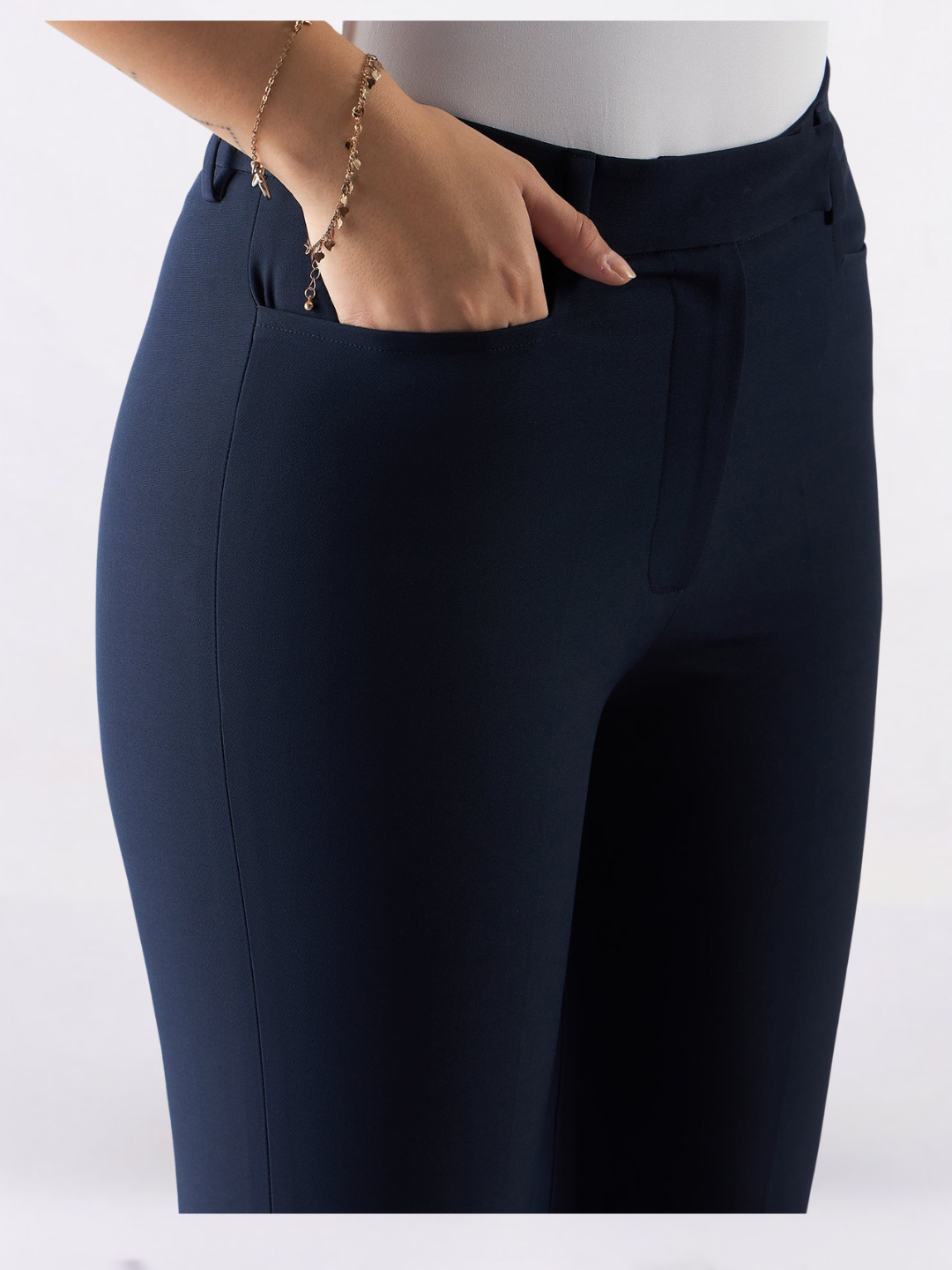 Women Navy Blue Flared High-Rise Trousers