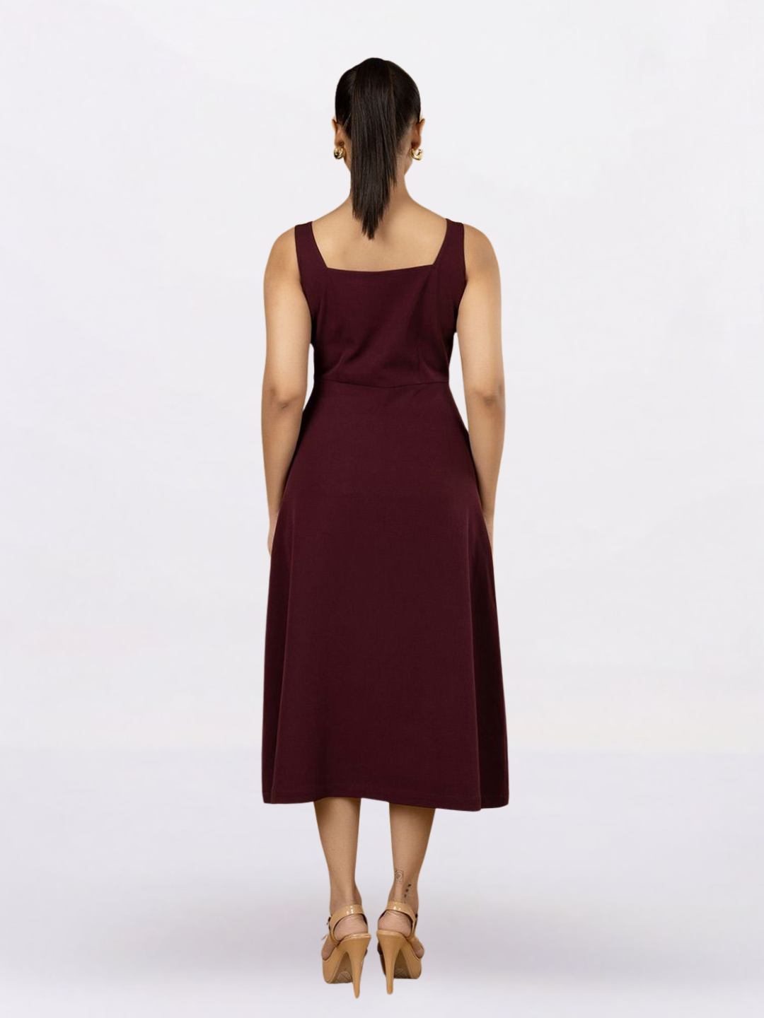 Women Burgundy Solid Strappy Fit And Flared Dress