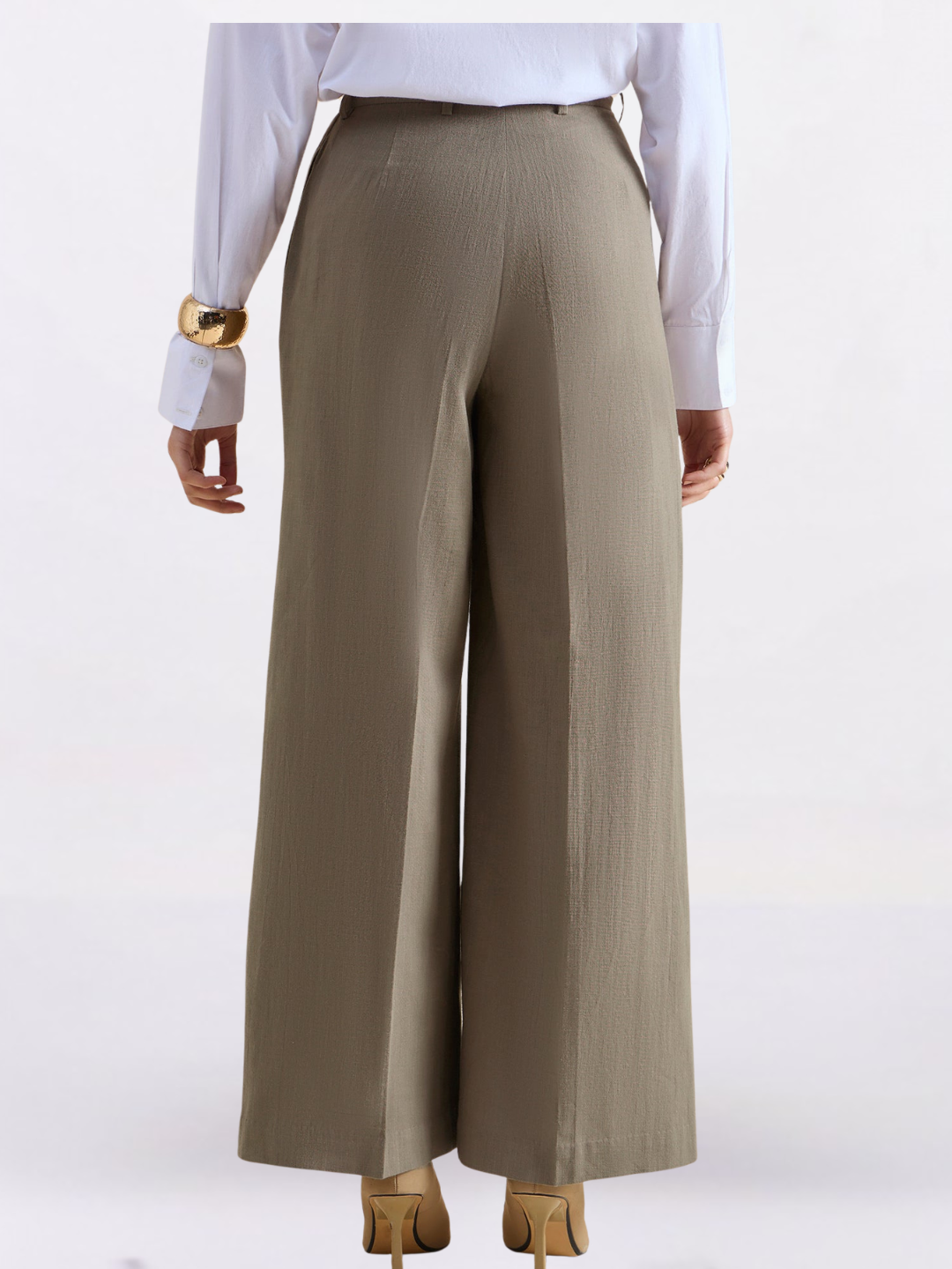 Women Beige Green High Rise Loose-Fit Formal Trouser