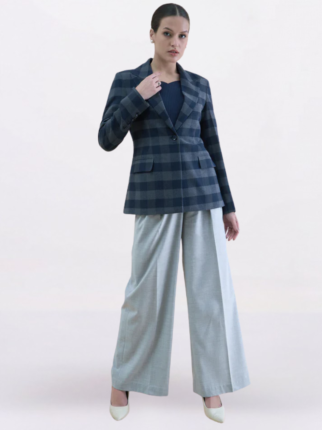 Women Checkered Wool Blend Notch Collar Blazer