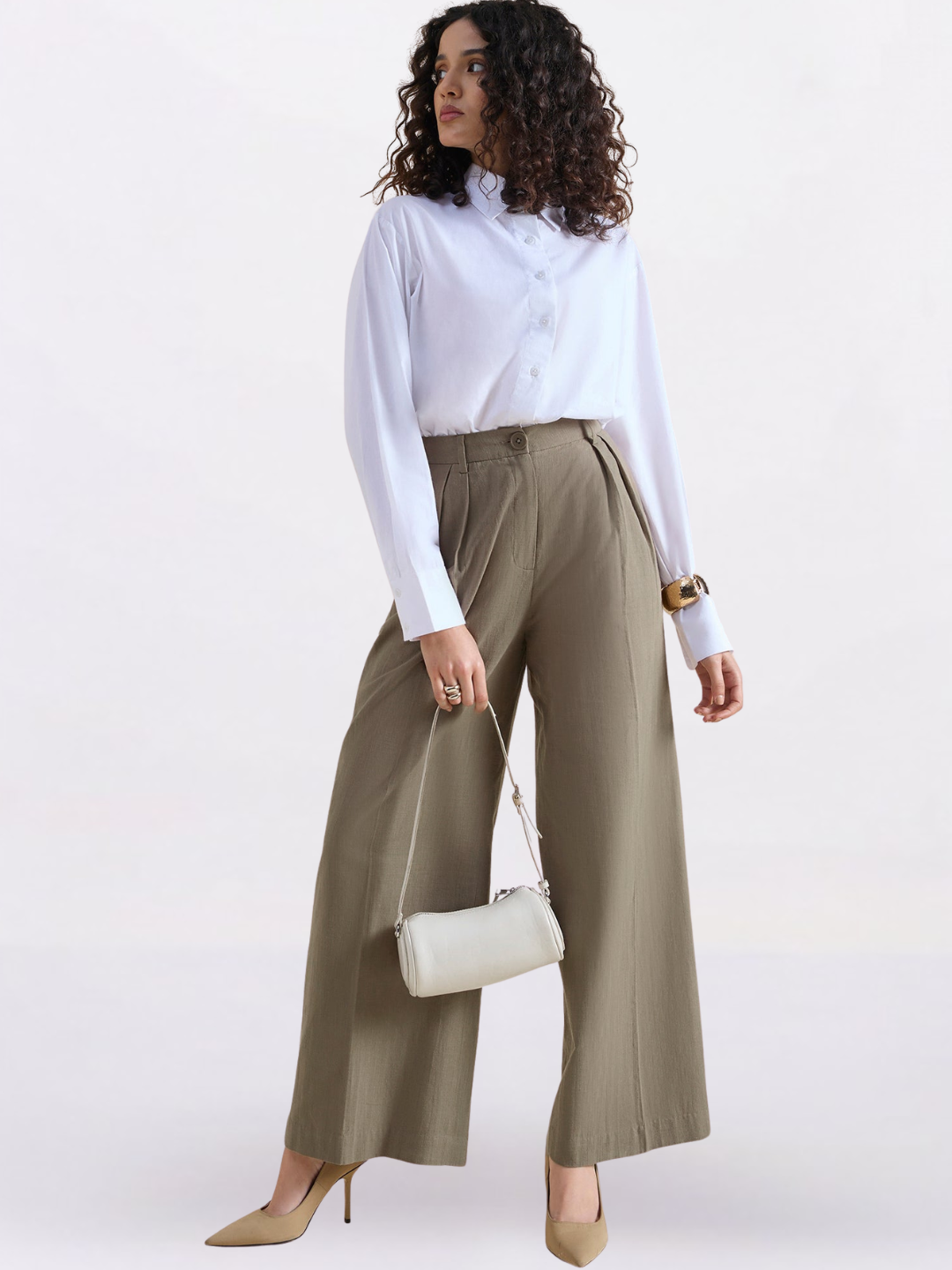 Women Beige Green High Rise Loose-Fit Formal Trouser