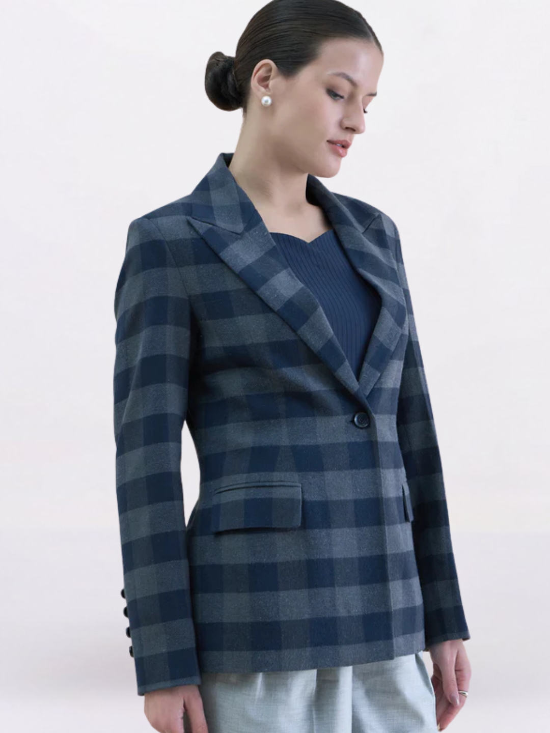 Women Checkered Wool Blend Notch Collar Blazer
