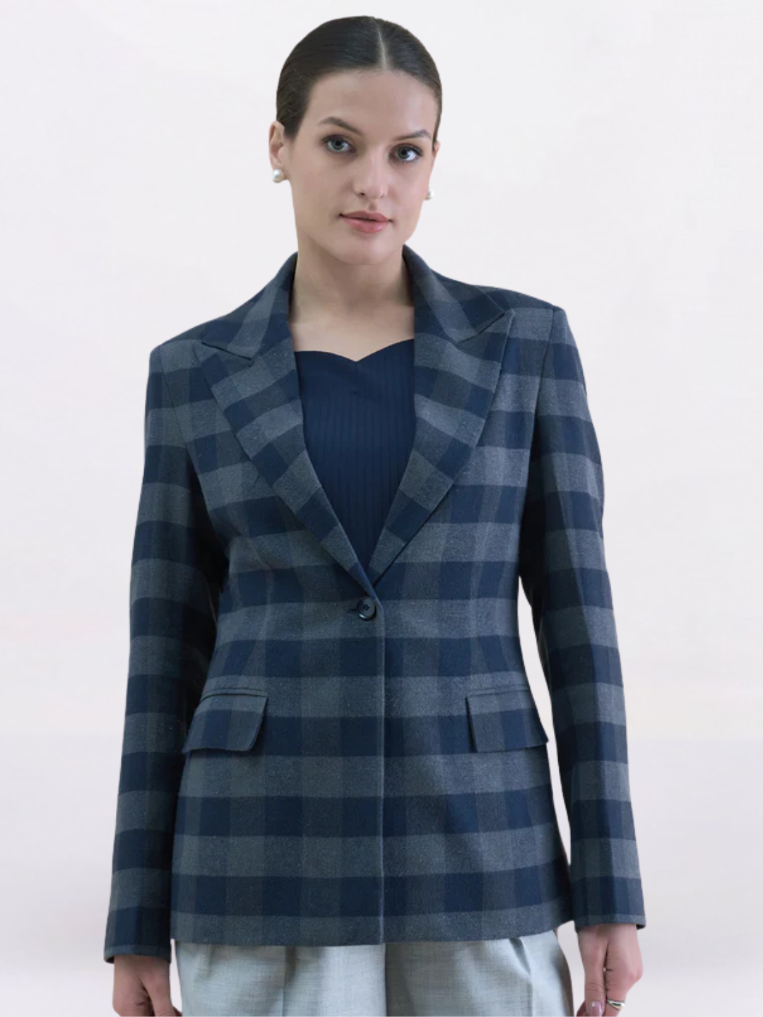 Women Checkered Wool Blend Notch Collar Blazer
