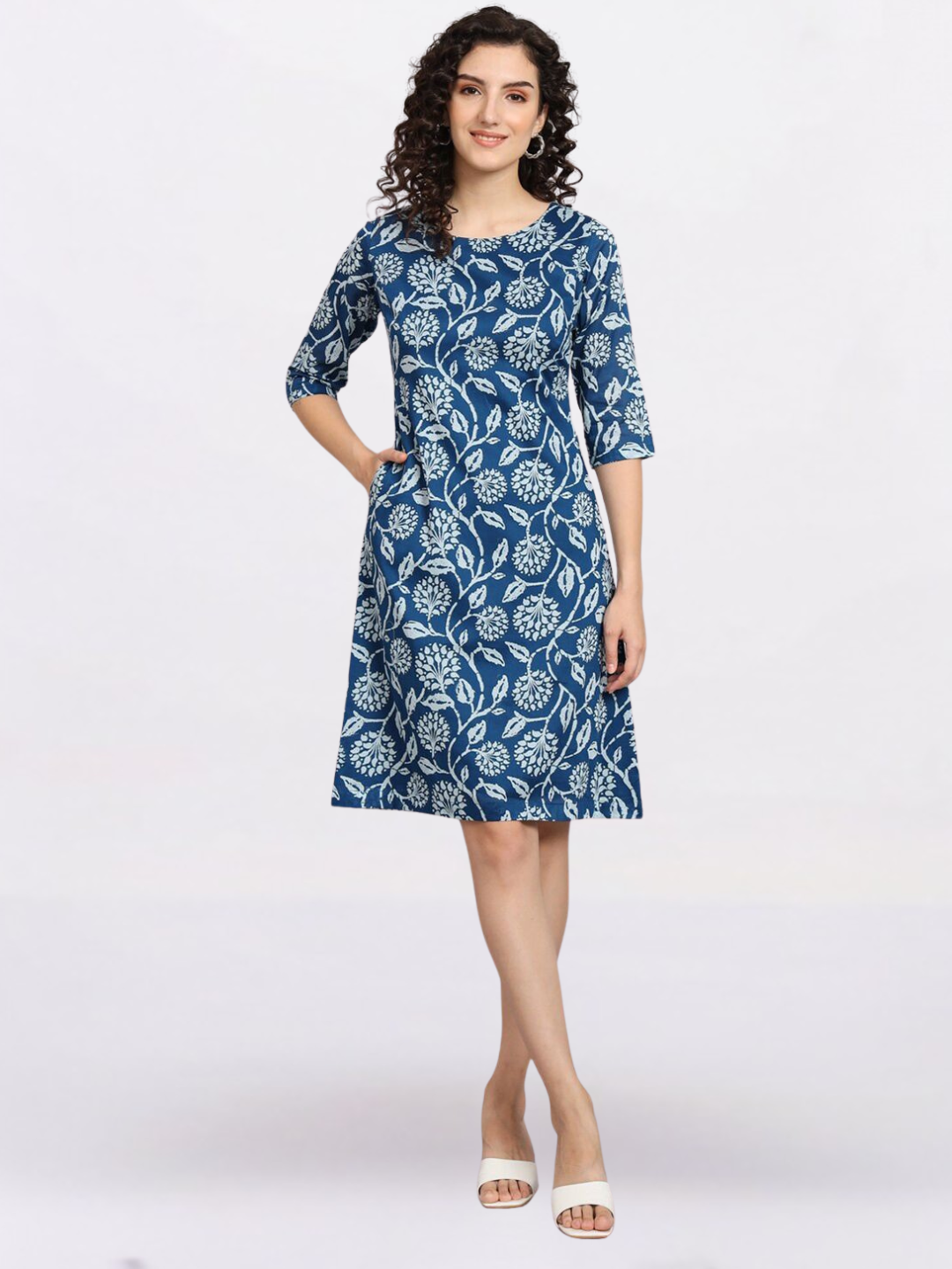 Women Blue Floral Printed A-Line Dress