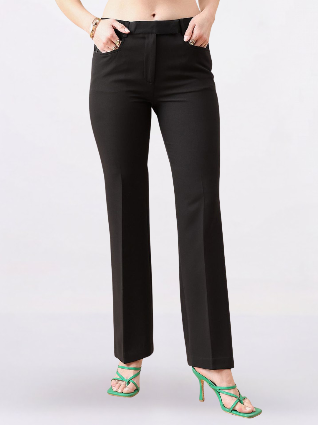 Women Black Flared Mid-Rise Bootcut Trousers Women Black Flared Mid-Rise Bootcut Trousers