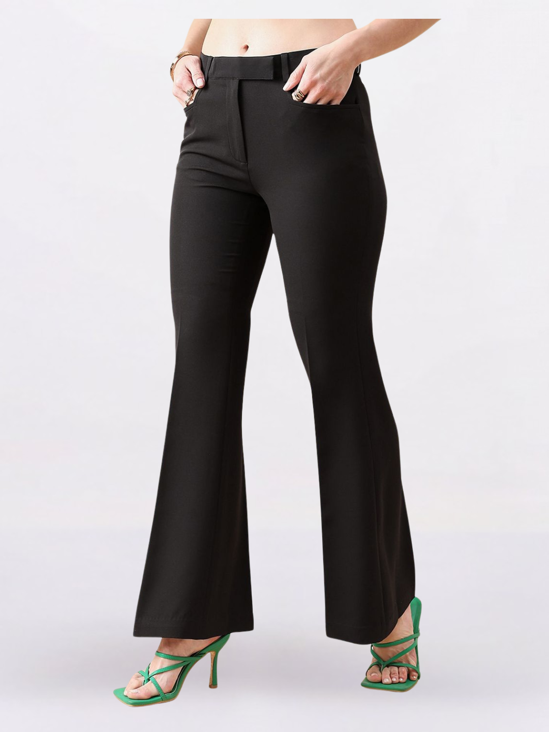 Women Black Flared Mid-Rise Bootcut Trousers