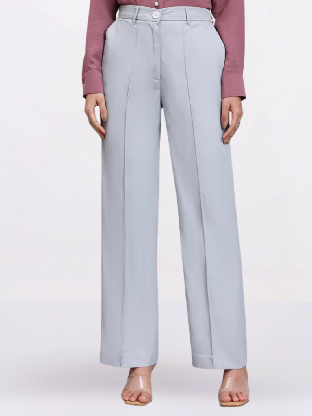 Women Silver Dust Grey Stretch Mid-Rise Trousers