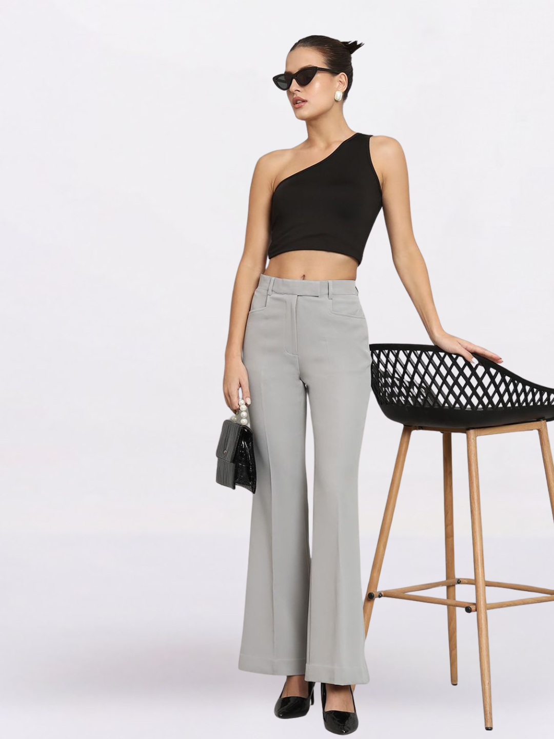 Women Grey Flared Mid-Rise Bell Bottom Stretch Trouser