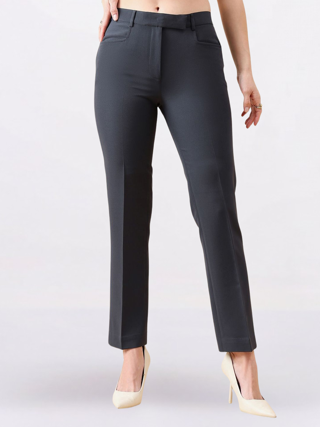 Women Dark Grey Comfort Fit Mid Waist Stretch Pants