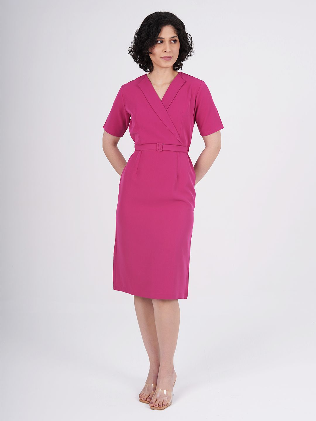 Women Hot Pink Stretch Midi Dress