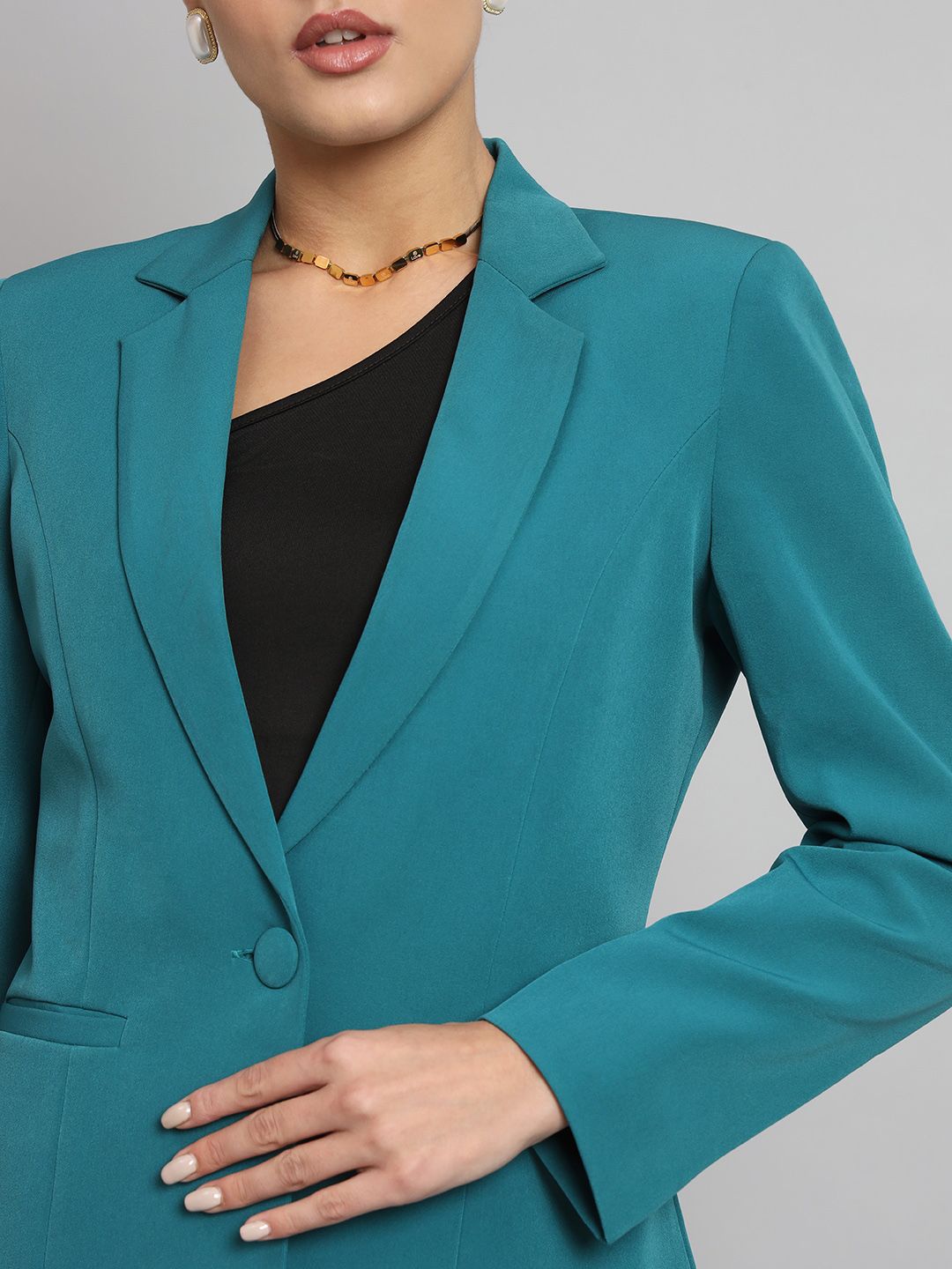 Women Notched Lapel Collar Single Breasted Formal Blazer
