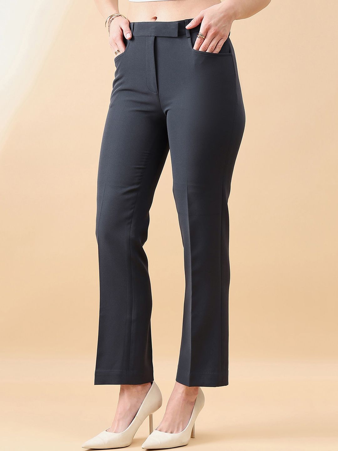 Women Comfort Fit Mid Waist Stretch Pants- Dark Grey