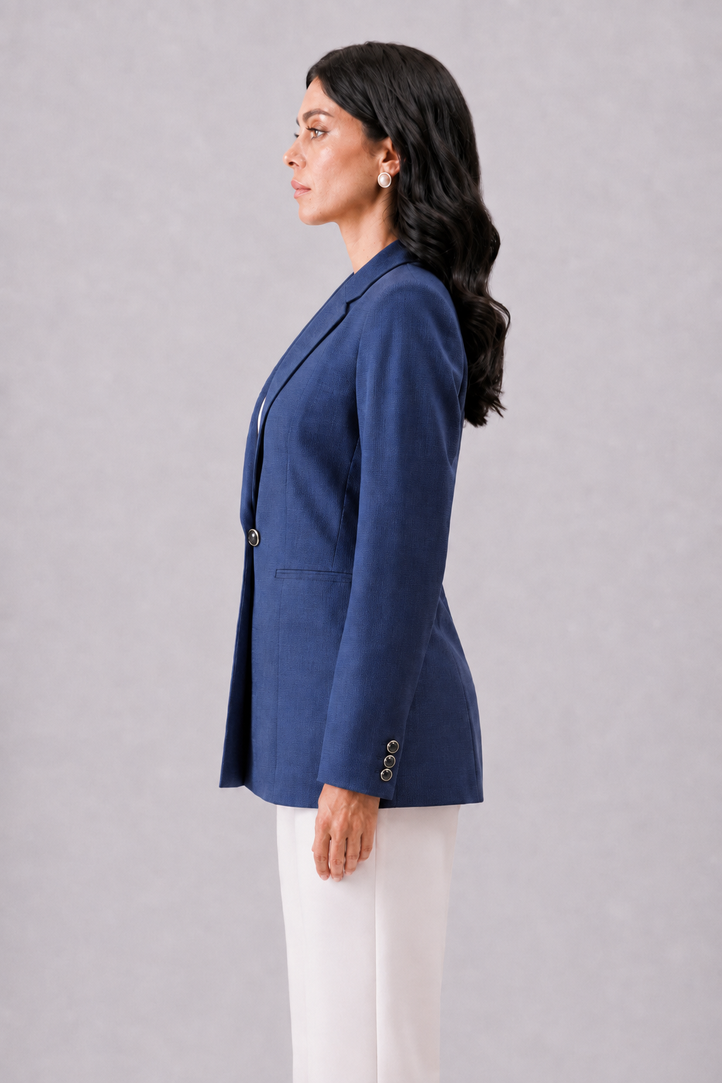 Women Navy Blue Checked Single Breasted Formal Blazer