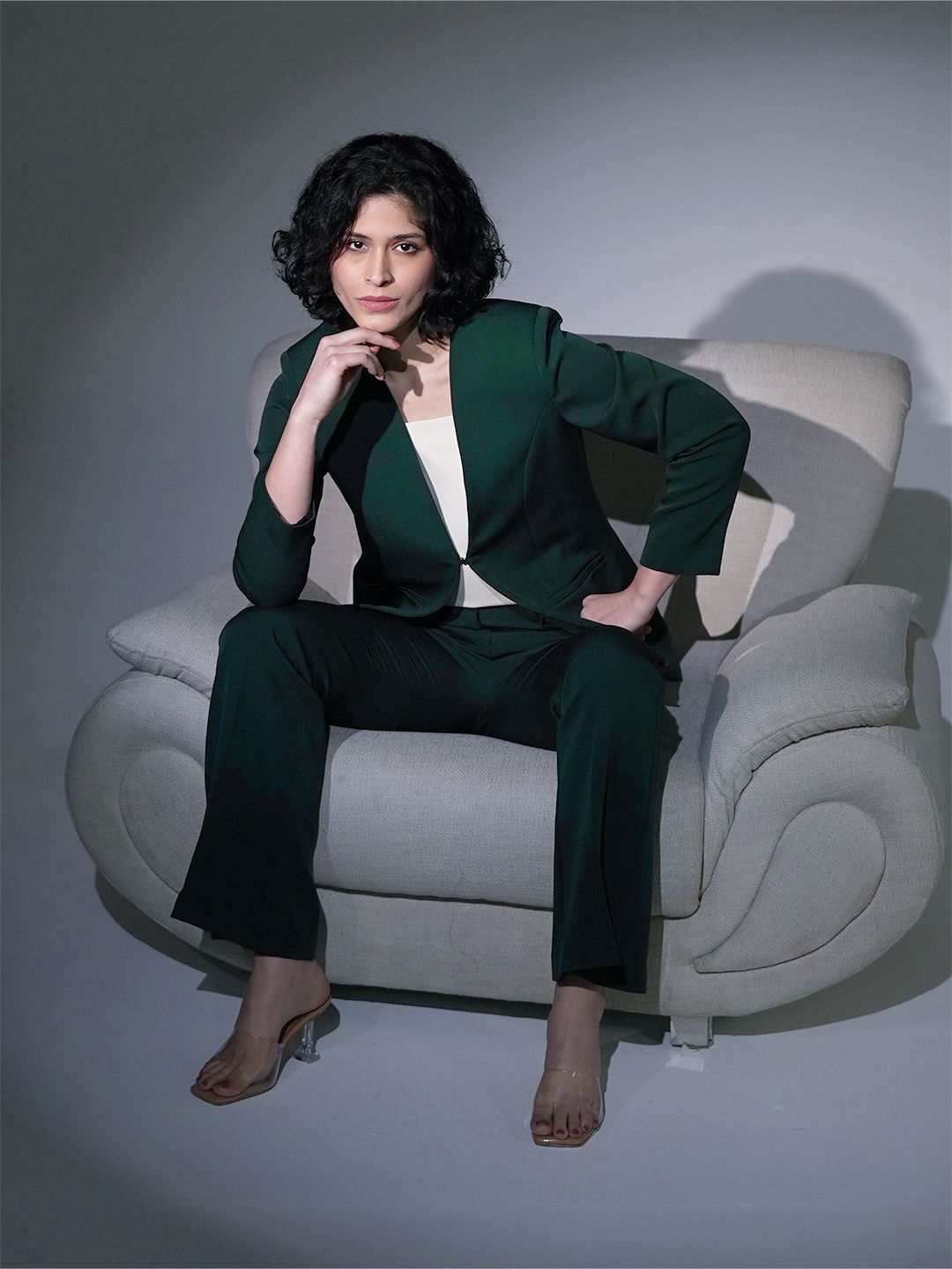 Tailored Bottle Green Lapel Less Blazer-Set with Flared Pants