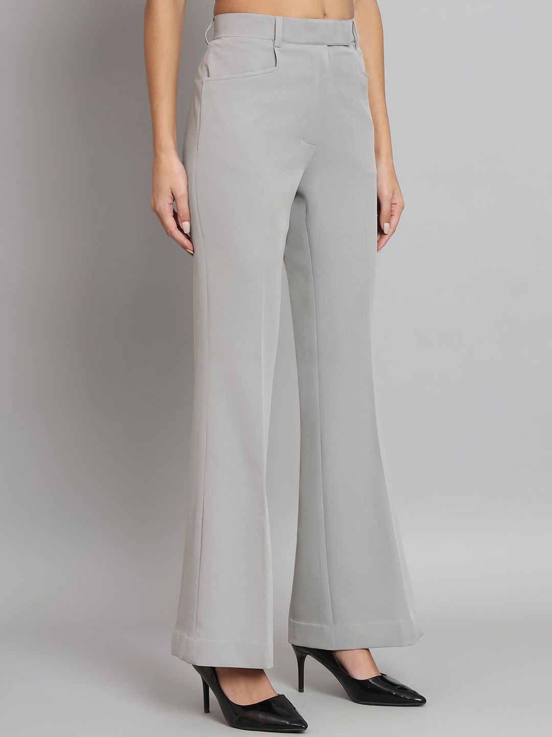 Women Relaxed Flared Mid-Rise Bell Bottom Stretch Trouser