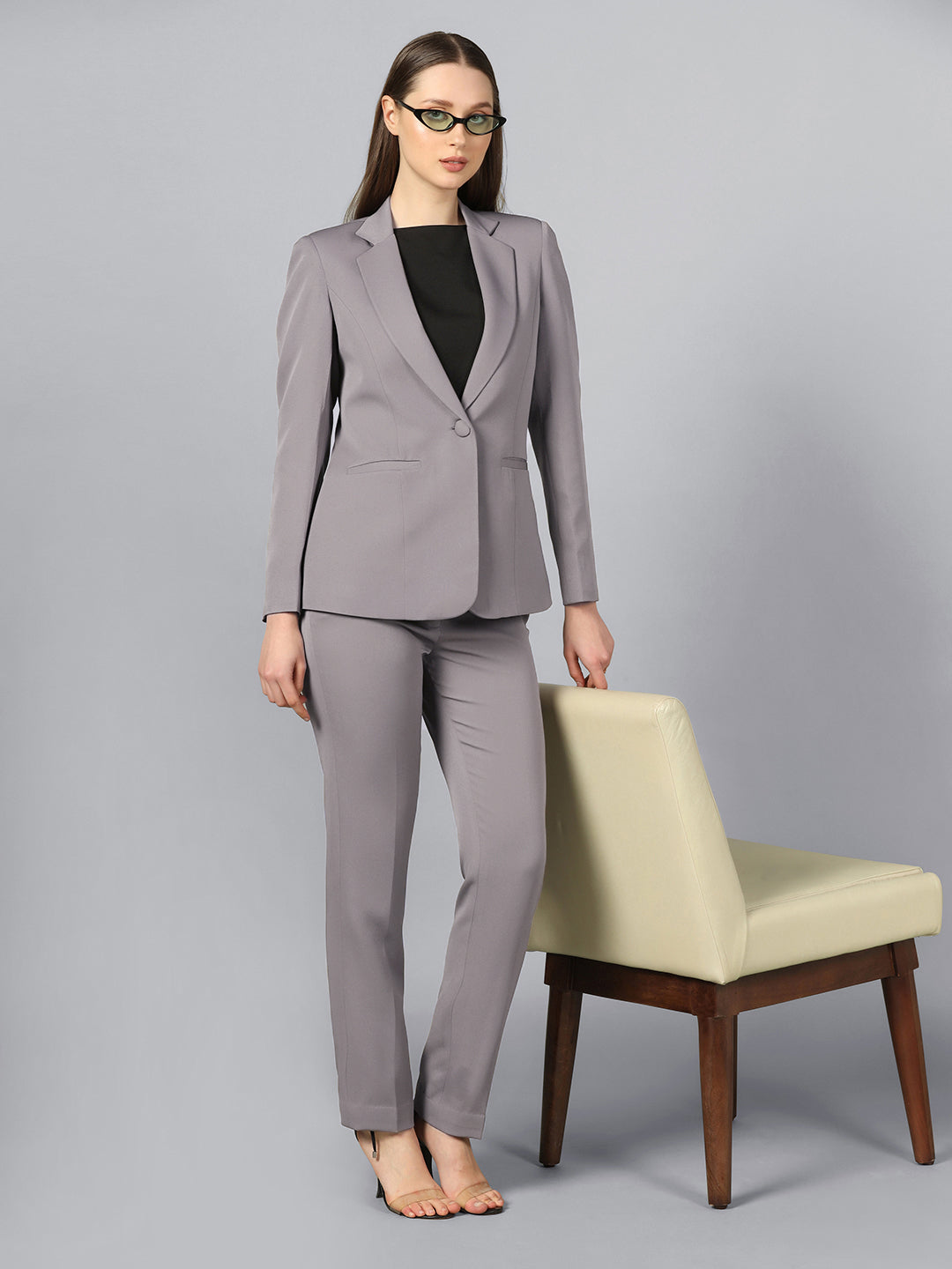 Stretch Notch Collar PantSuit in grey, stylish and professional women's outfit.