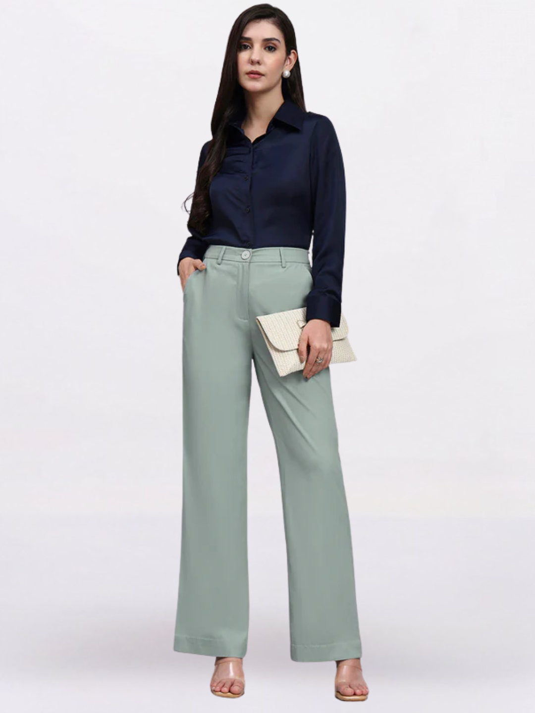 Women Sage Green Stretch Mid-Rise Trousers