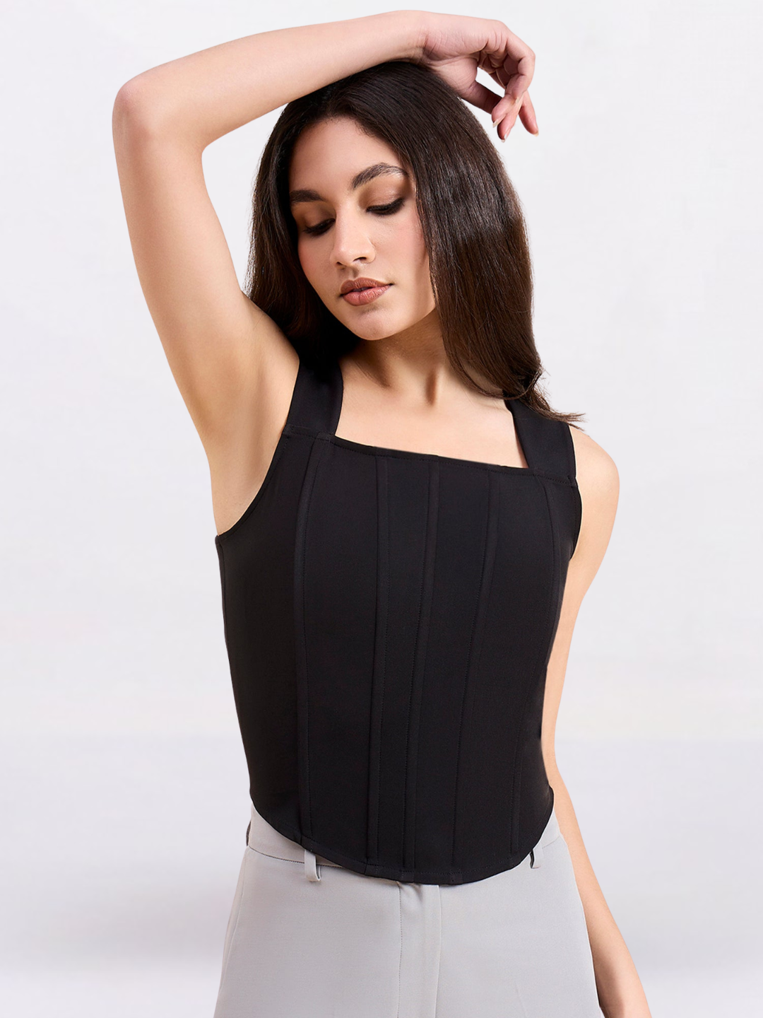 Women Solid Black Square Neck Corset Crop Top