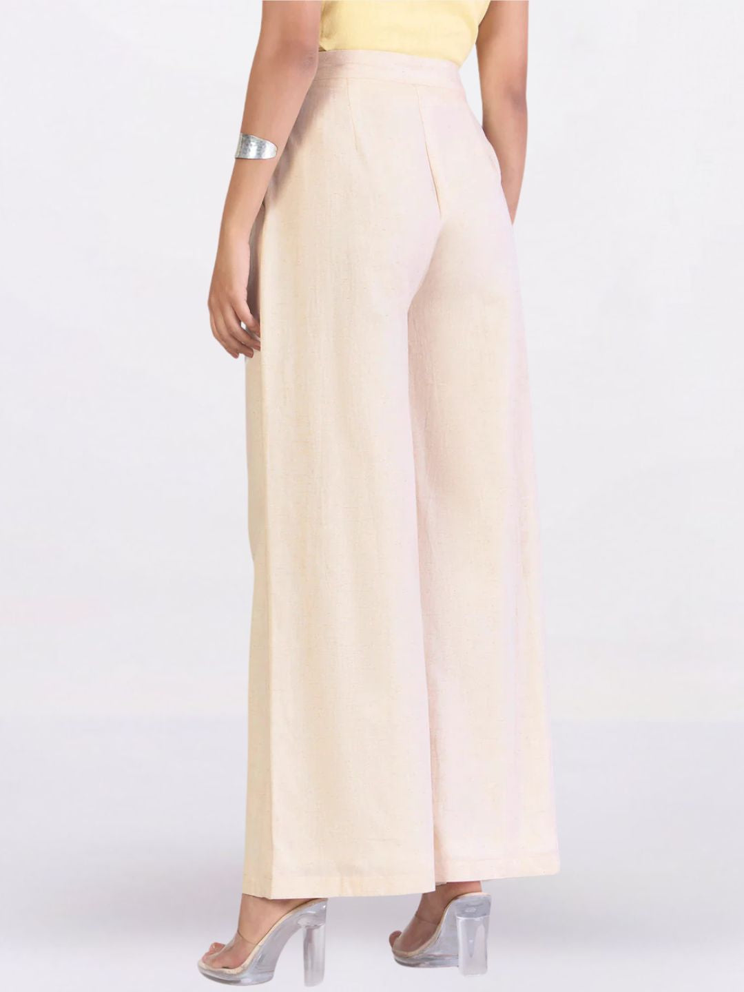 Women Off White Textured Comfort Loose Fit High-Rise Easy Wash Pleated Wide Leg Trousers