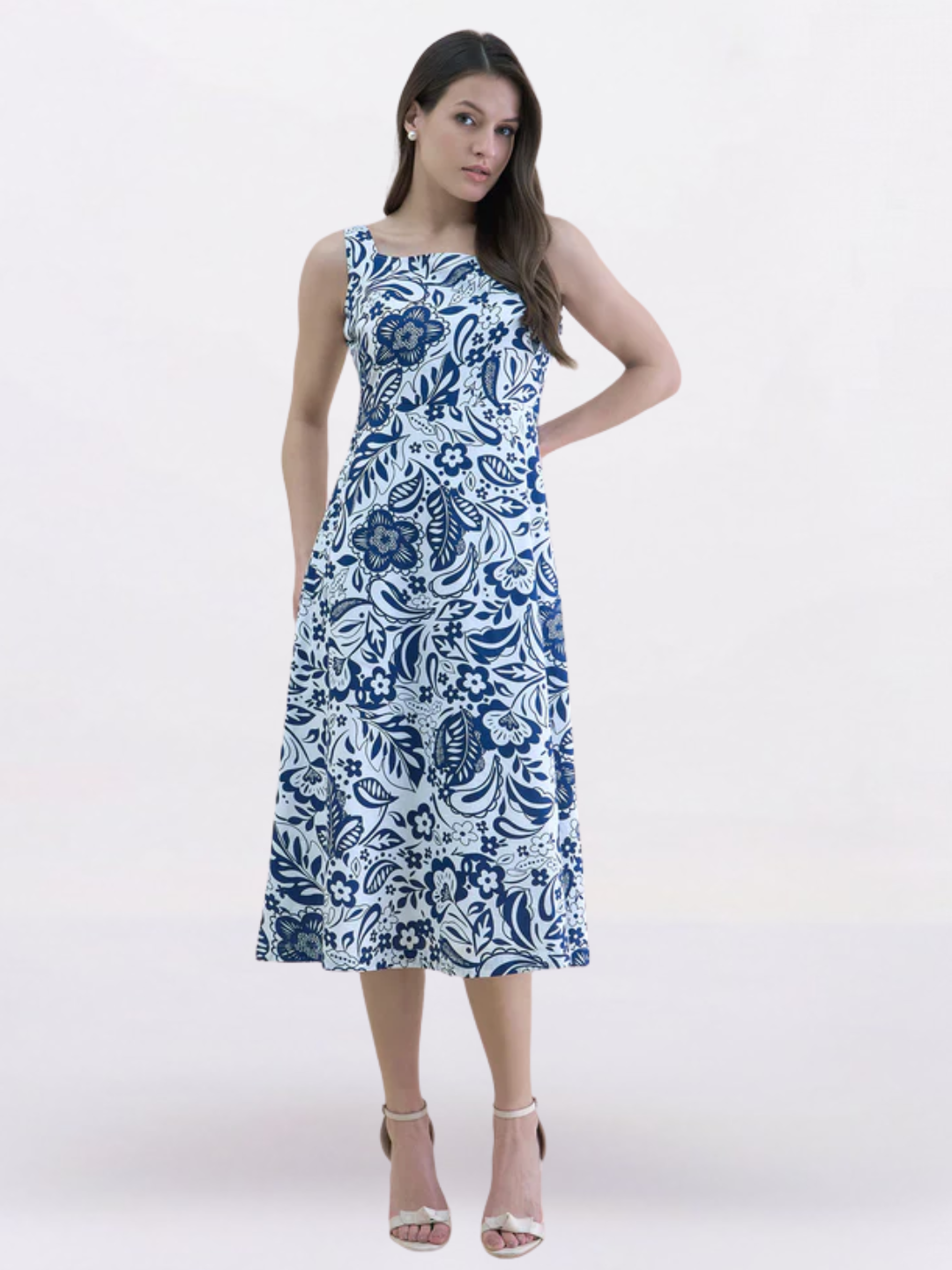 Women Blue-White floral print midi dress
