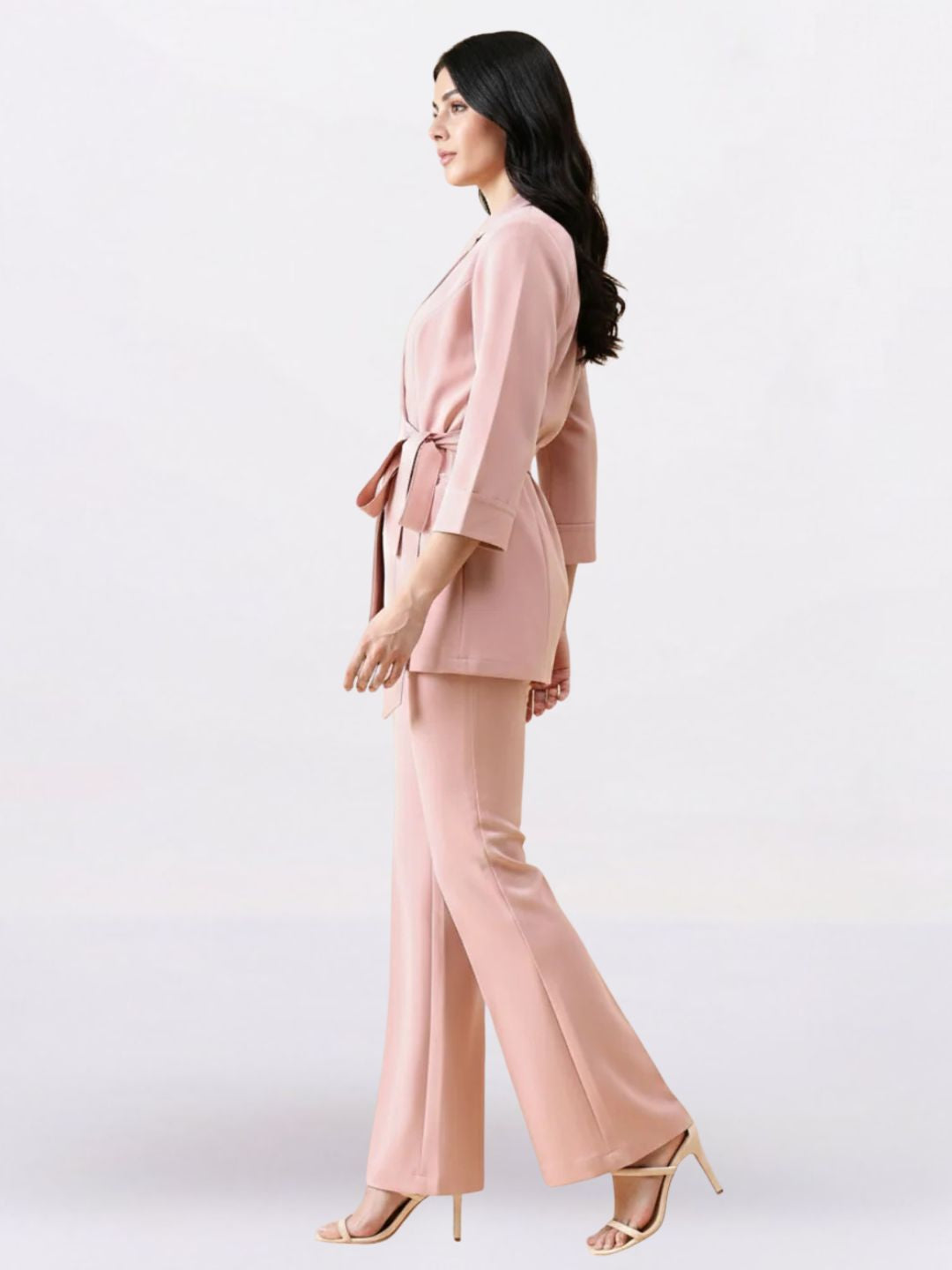 Women Pink Front Knot Single-Breasted Powersuit