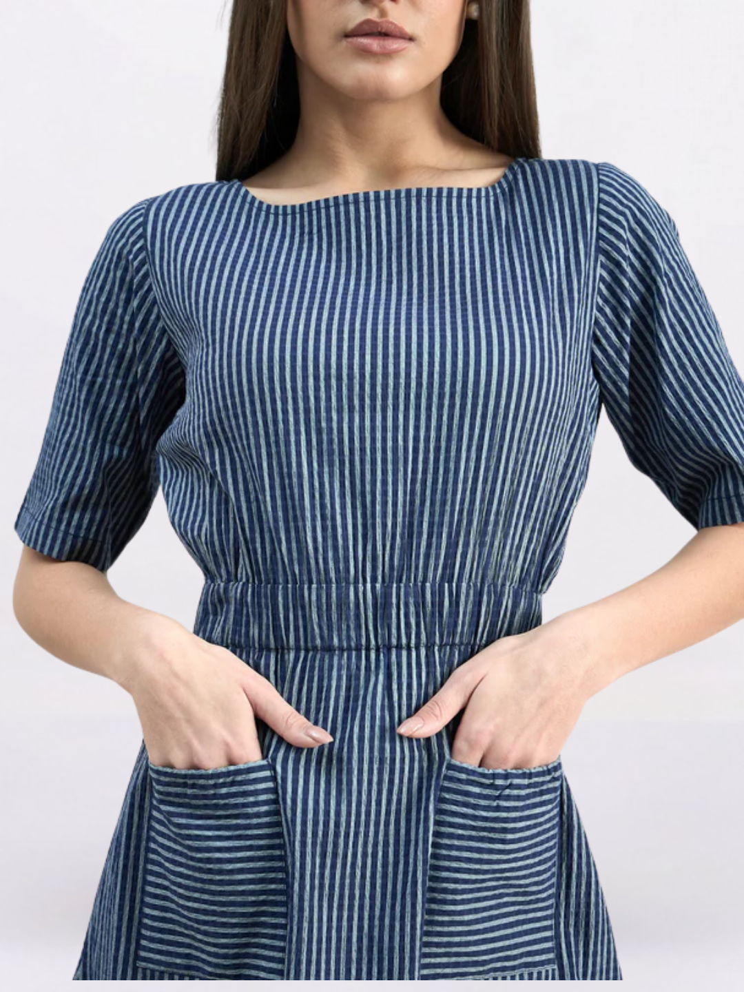 Women Blue Striped Cotton A-Line Stretch Dress