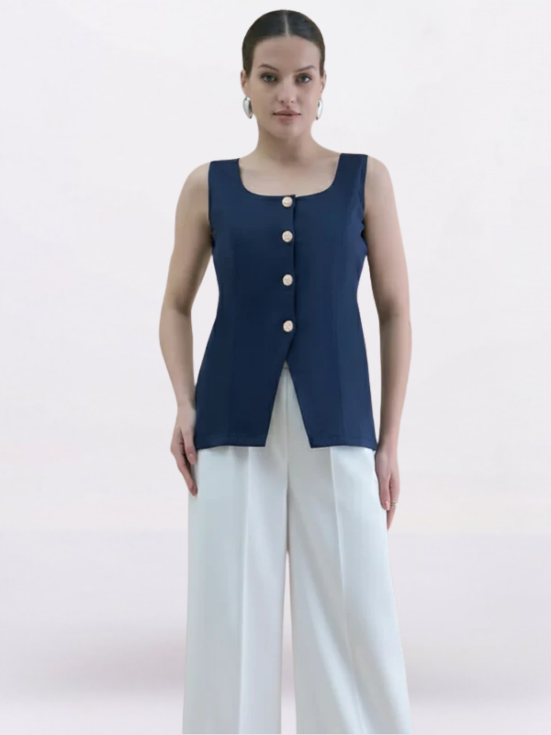 Women Navy Blue U-Neck Straight Fit Waistcoat