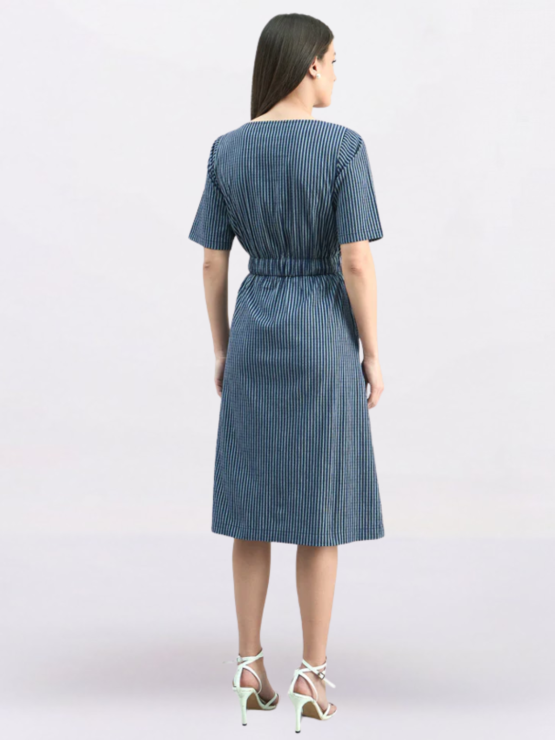 Women Blue Striped Cotton A-Line Stretch Dress