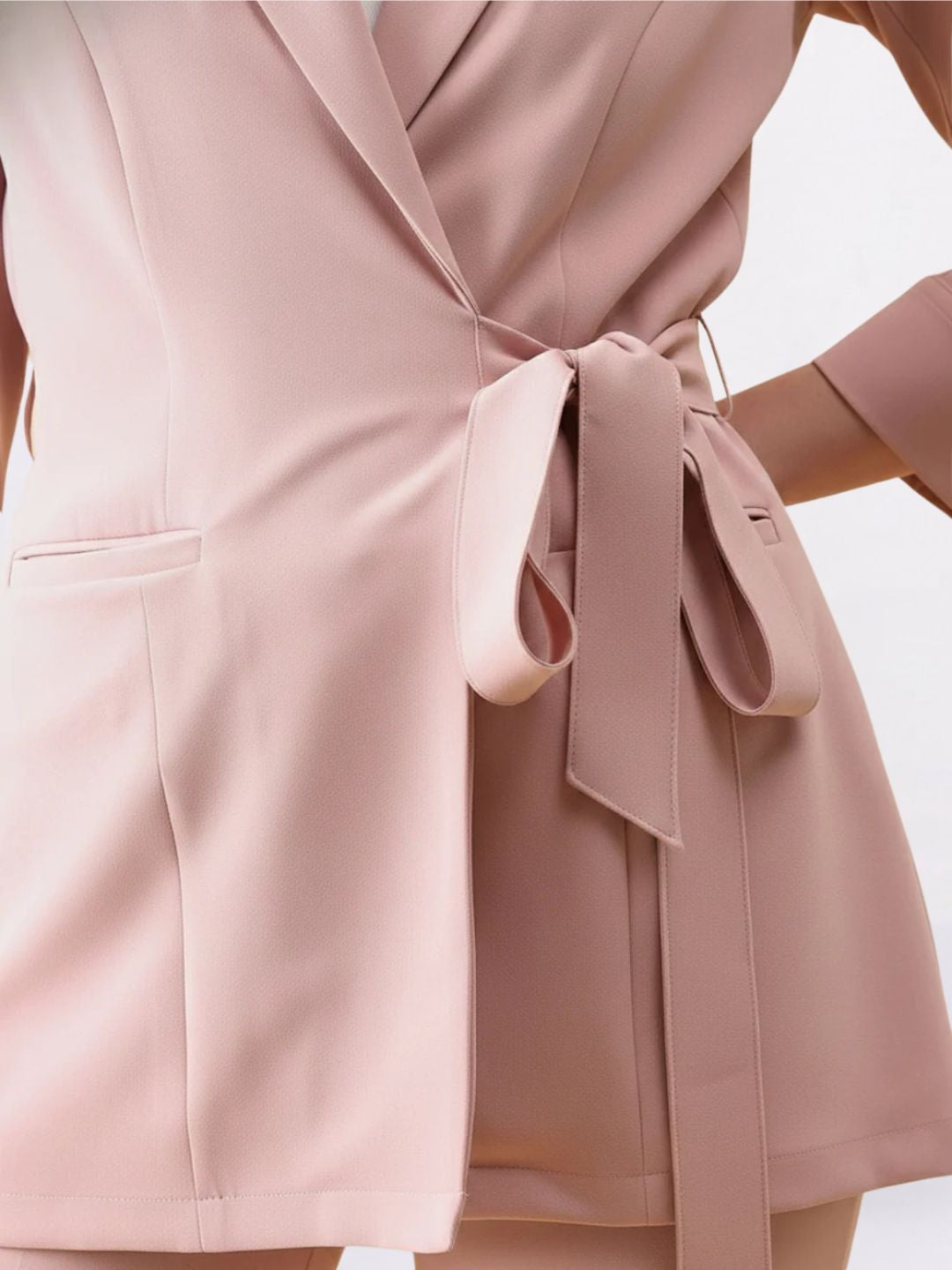 Women Pink Front Knot Single-Breasted Powersuit