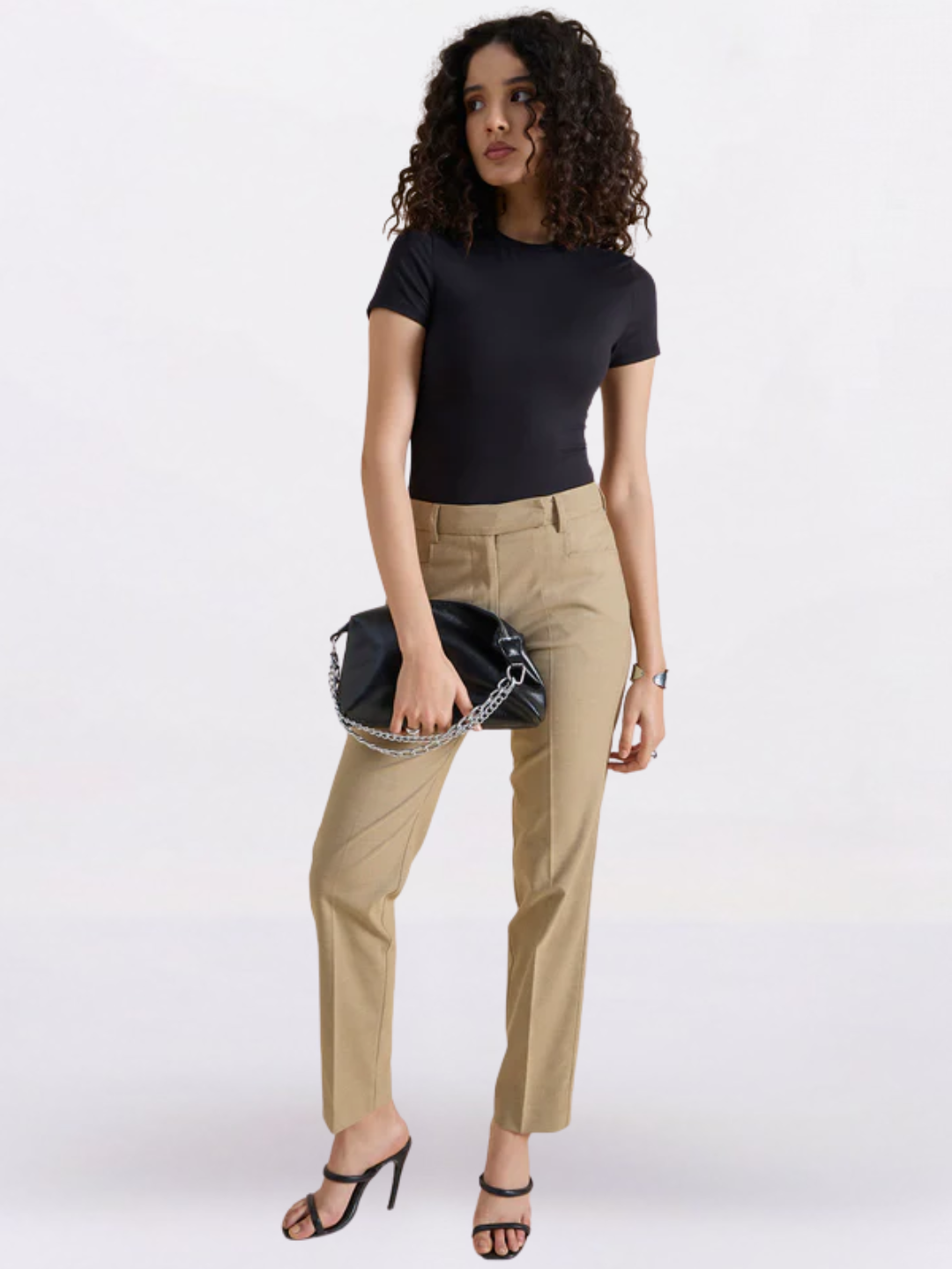 Women Beige Regular Fit Mid Waist Trouser