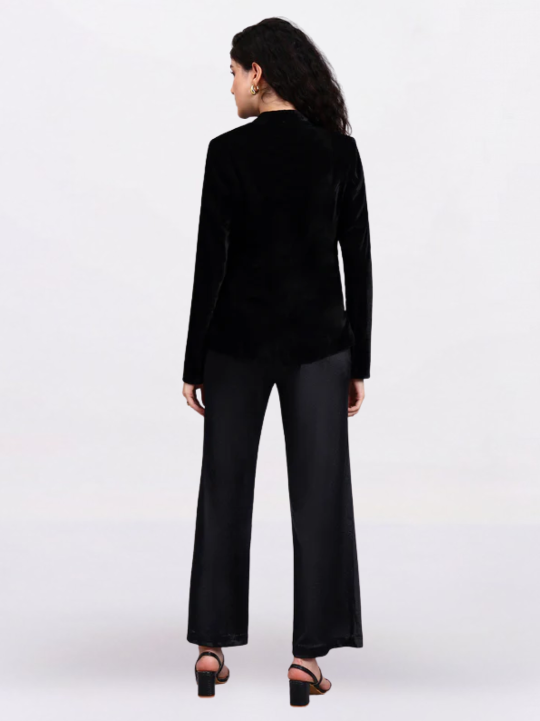 Women Black Golden Buttoned Velvet Blazer