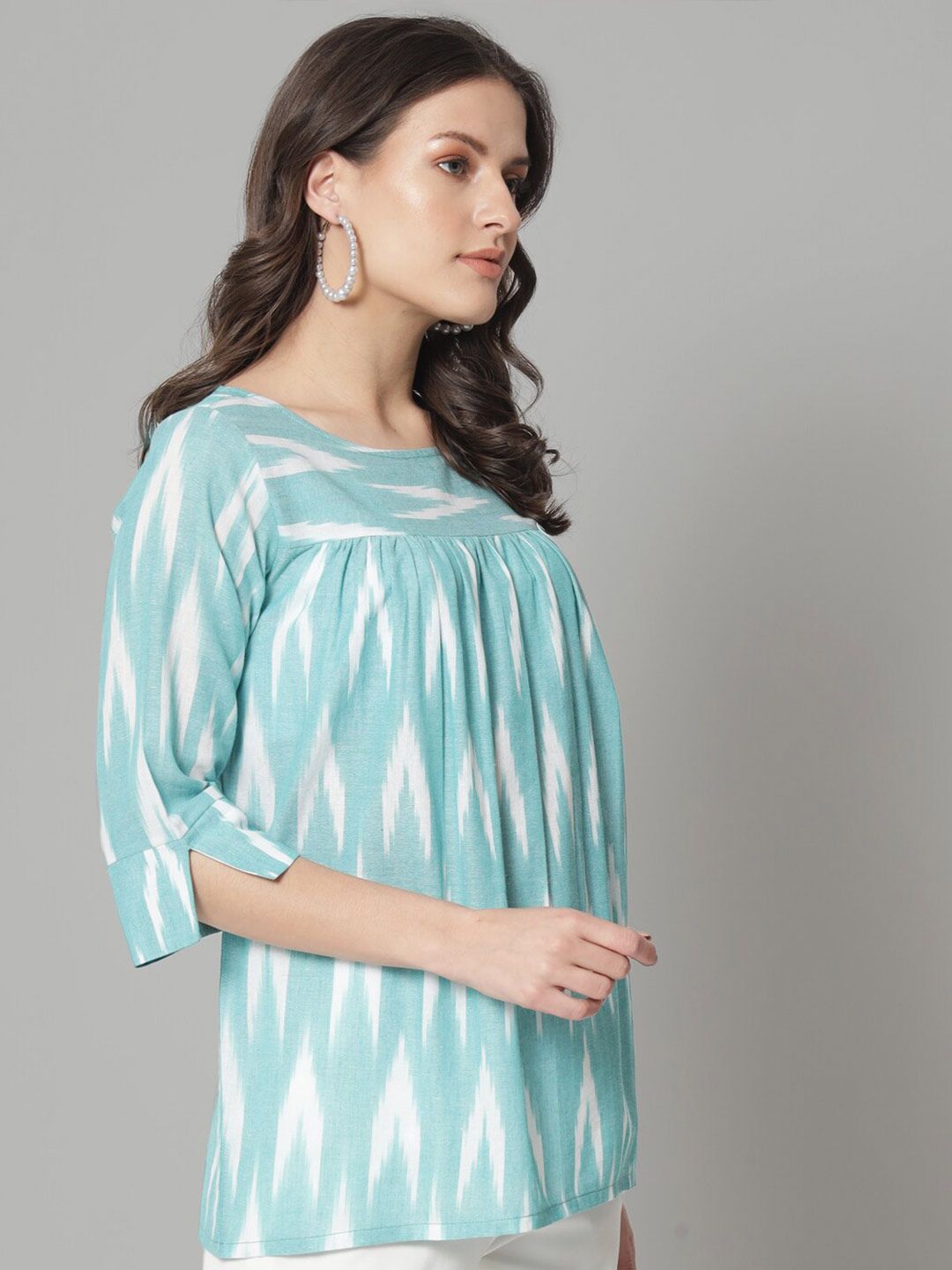 Cotton Ikat Print Loose Fit Top- Green