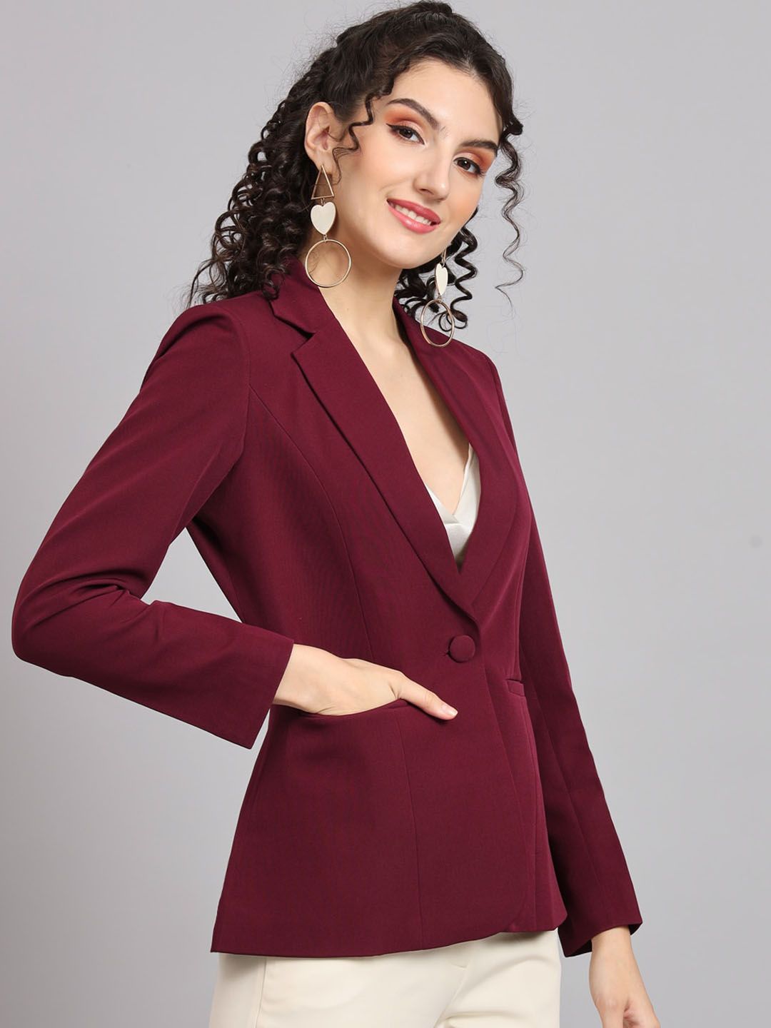 Women Maroon Notched Collar Blazer