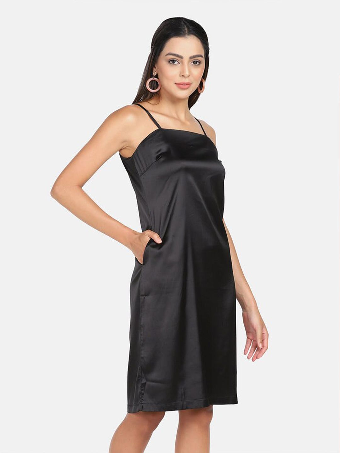 Satin Spaghetti Dress - Black