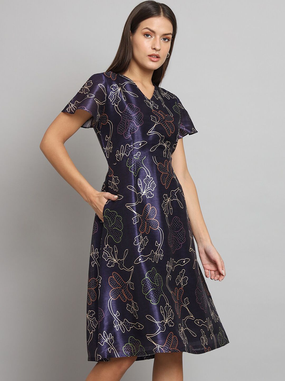 Women Floral Printed Silk Fit & Flare Dress
