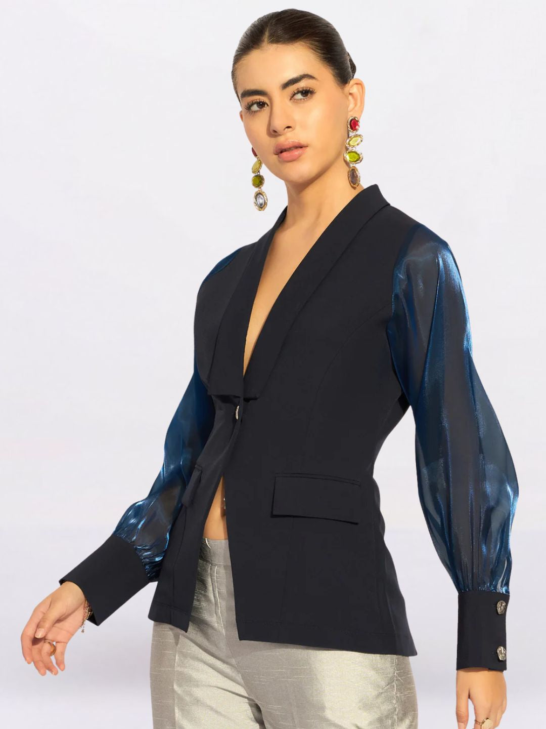 Women Blue Lapel Collar Long Sleeves Shirt Style Top