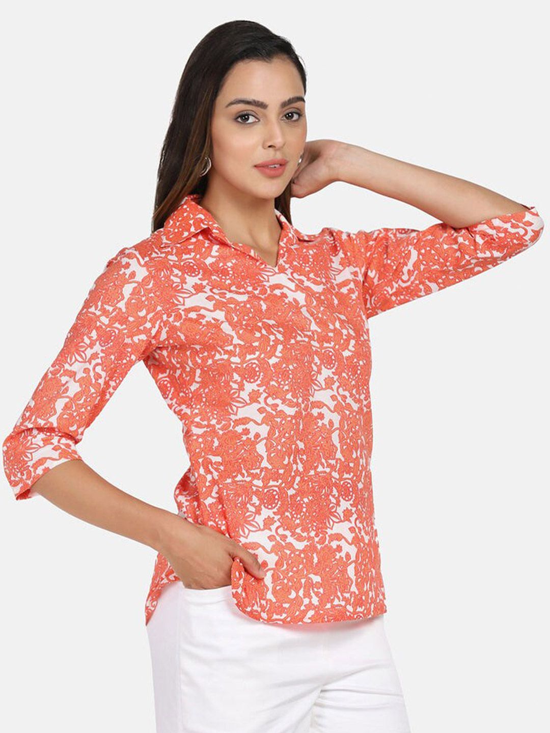 Printed Cotton Top - Orange &. White