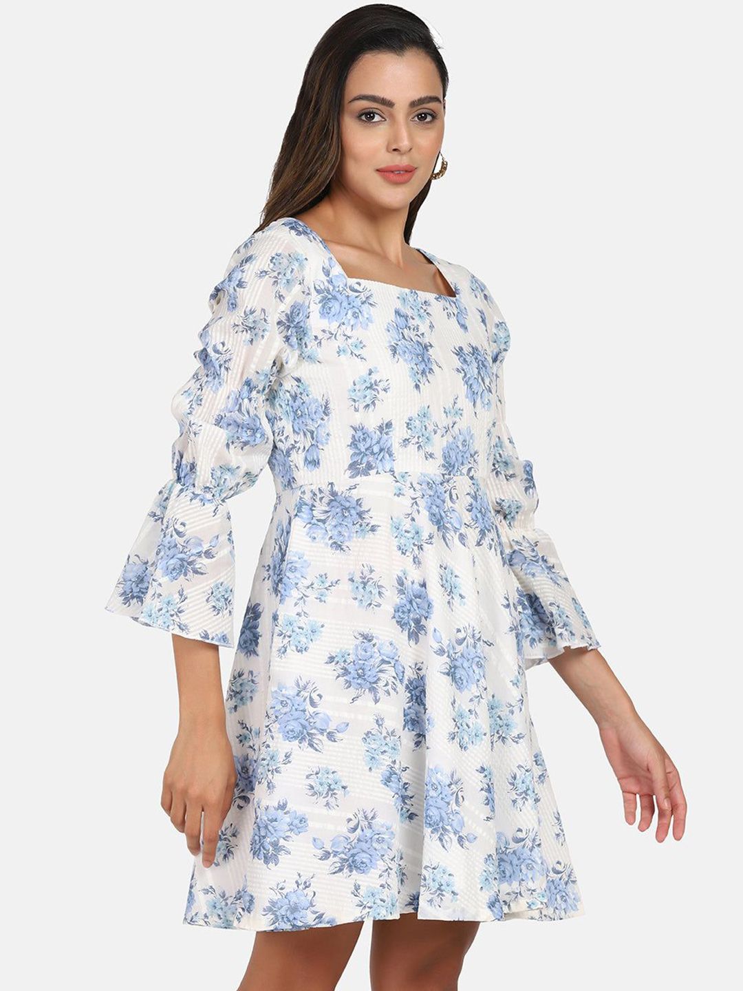 Cotton Mini Flare Dress - Blue & White