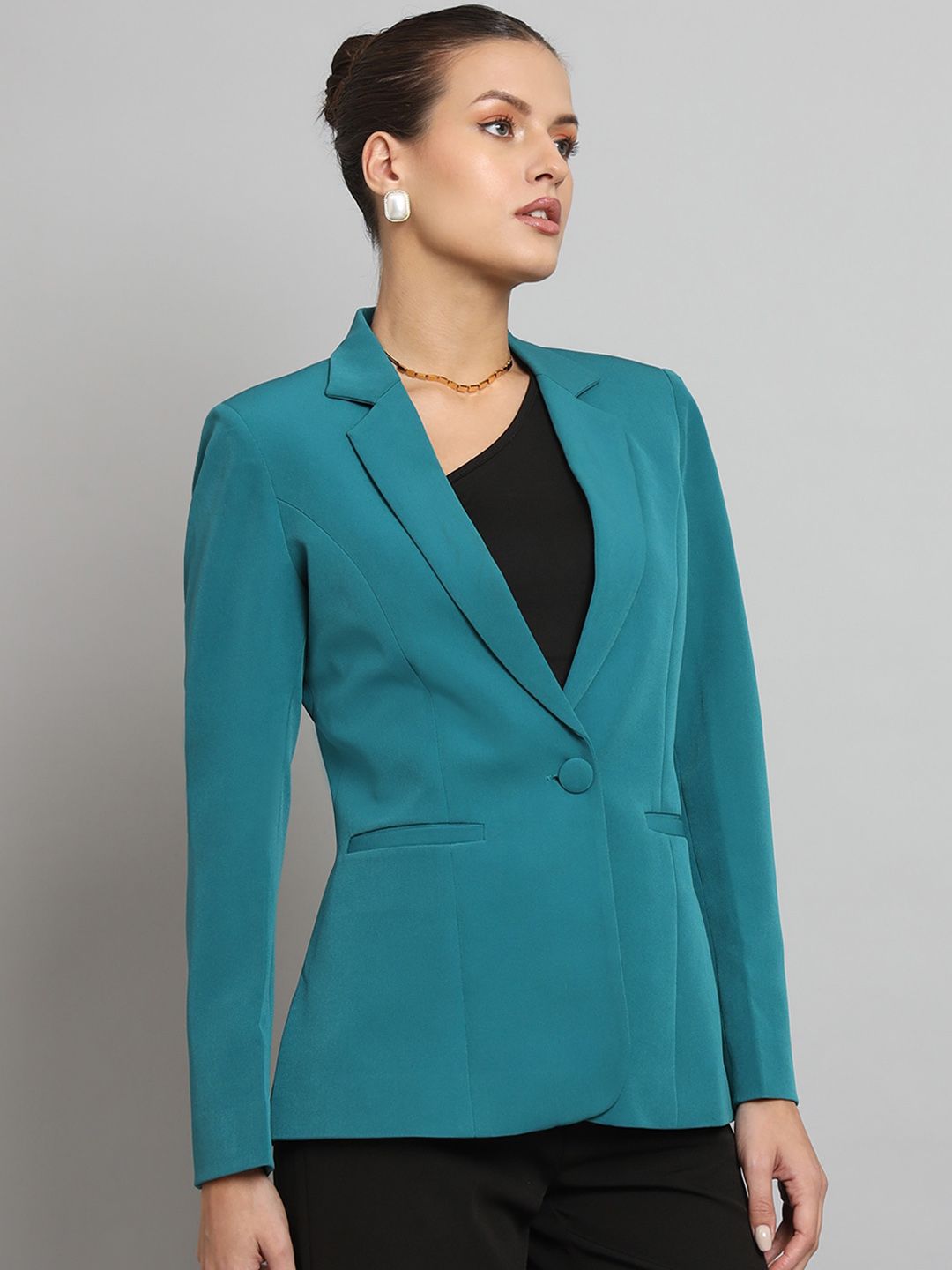 Women Notched Lapel Collar Single Breasted Formal Blazer