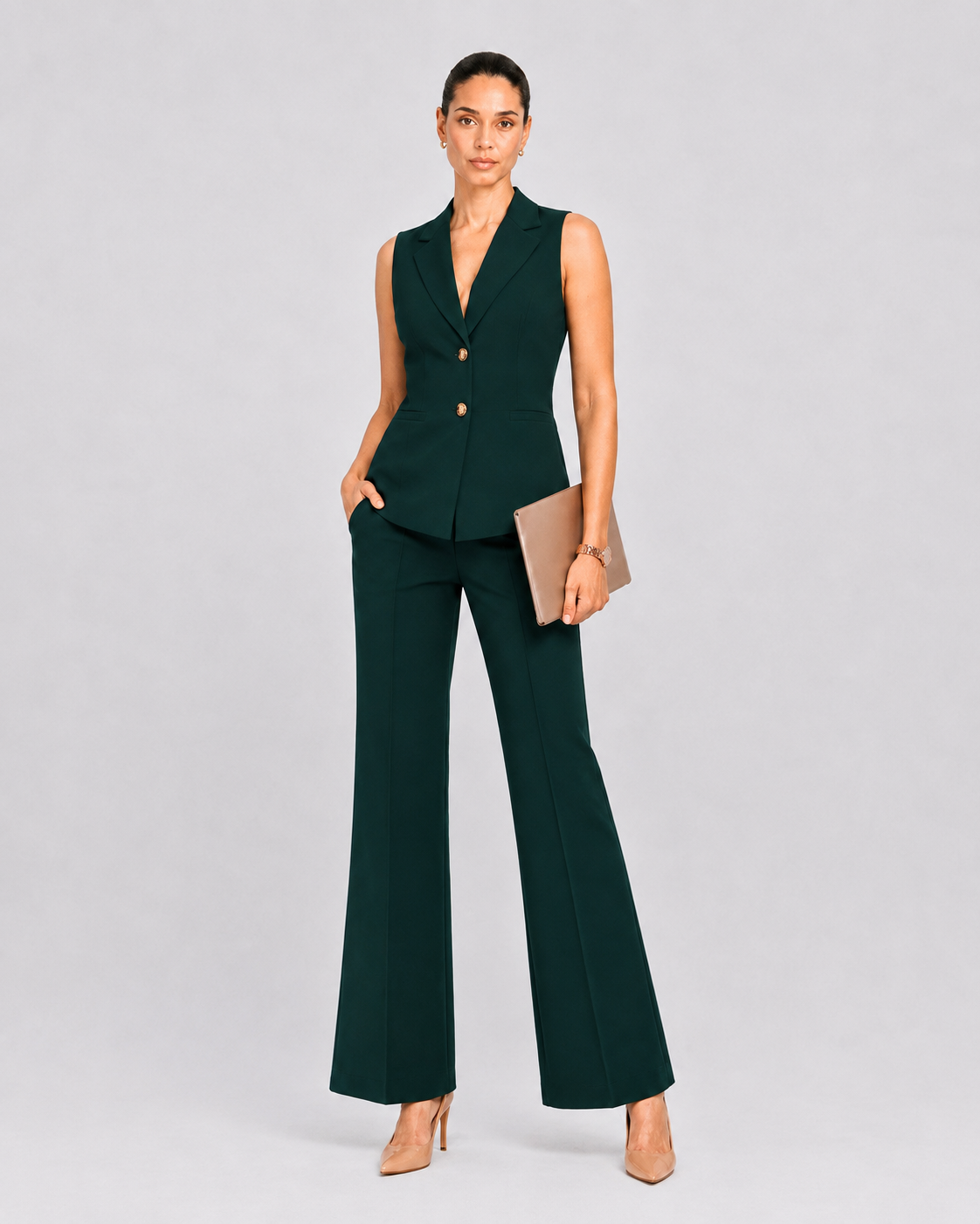 Women Bottle Green Sleeveless Single-Breasted Co-ord Set