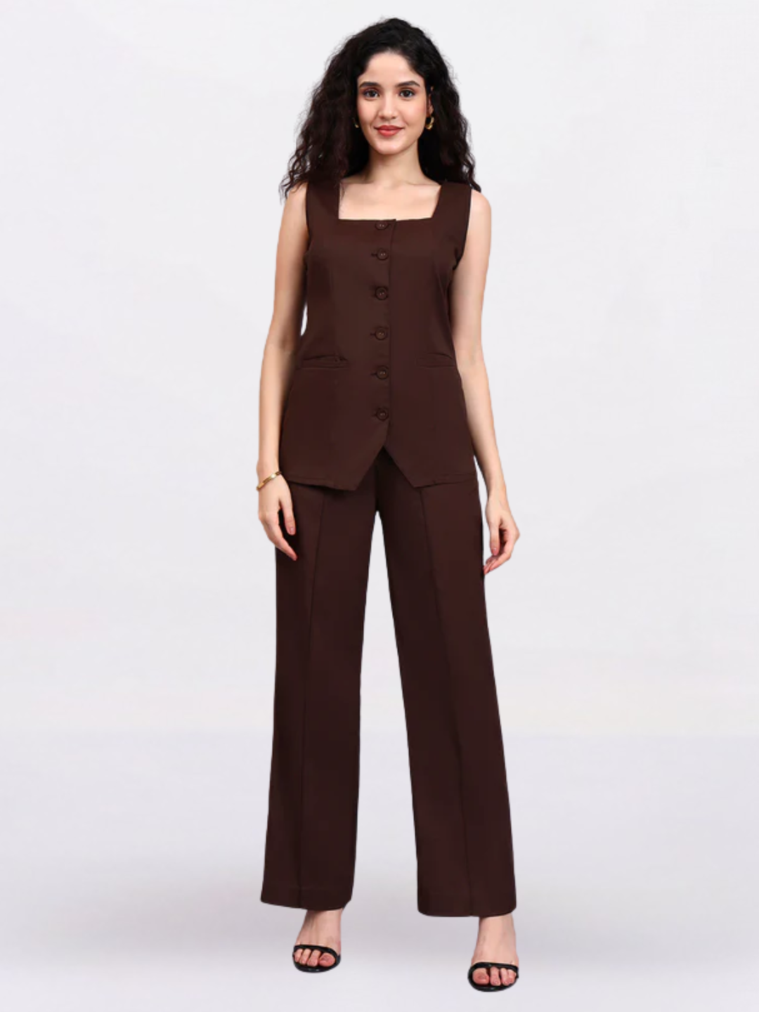 Women Brown Sleeveless Co-Ord Set