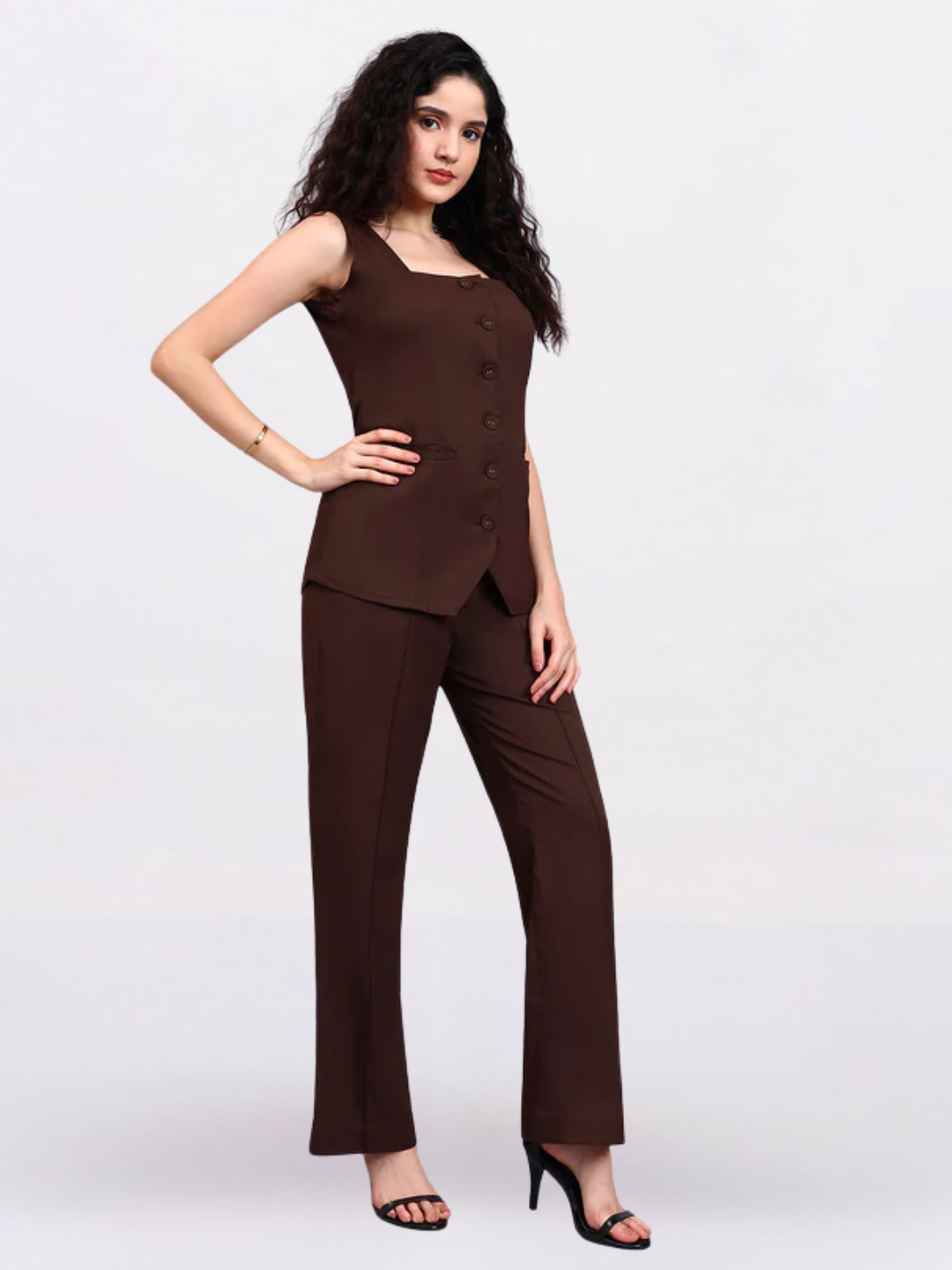 Women Brown Sleeveless Co-Ord Set